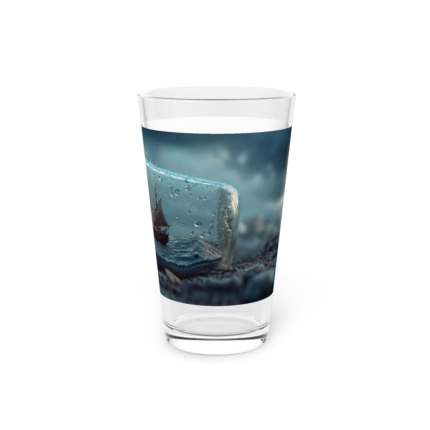 Storm Ship in Bottle Pint Glass – Captured Tempest on a Pebbled Shore