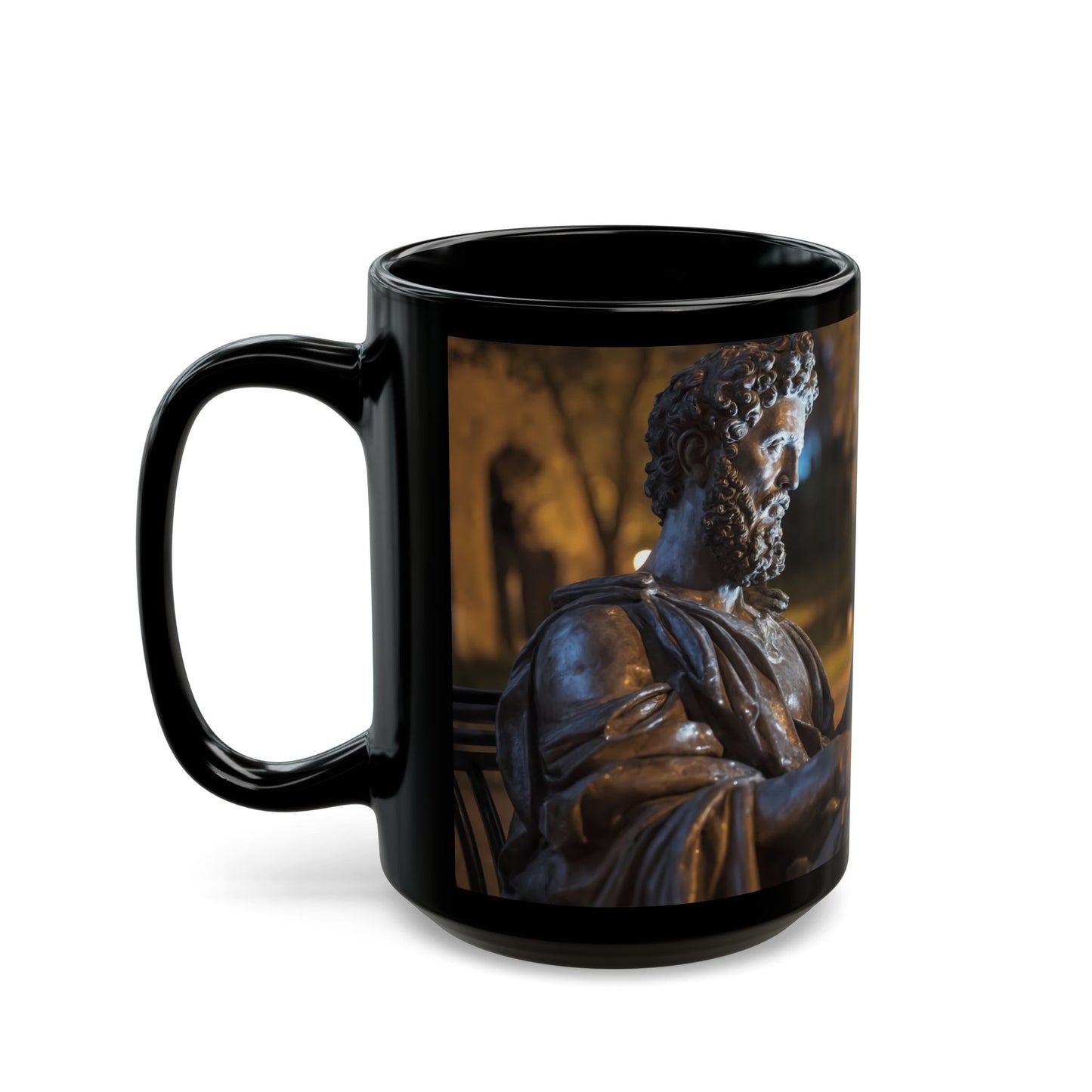 Bronze Statue with Smartphone Mug – Twilight Park Bench Digital Muse