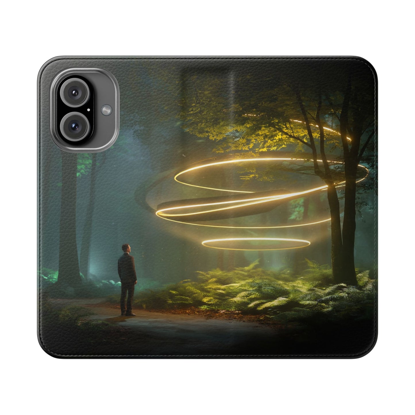 Luminous Spiral Forest Flip Cases – Golden Light Rings Mystery Scene