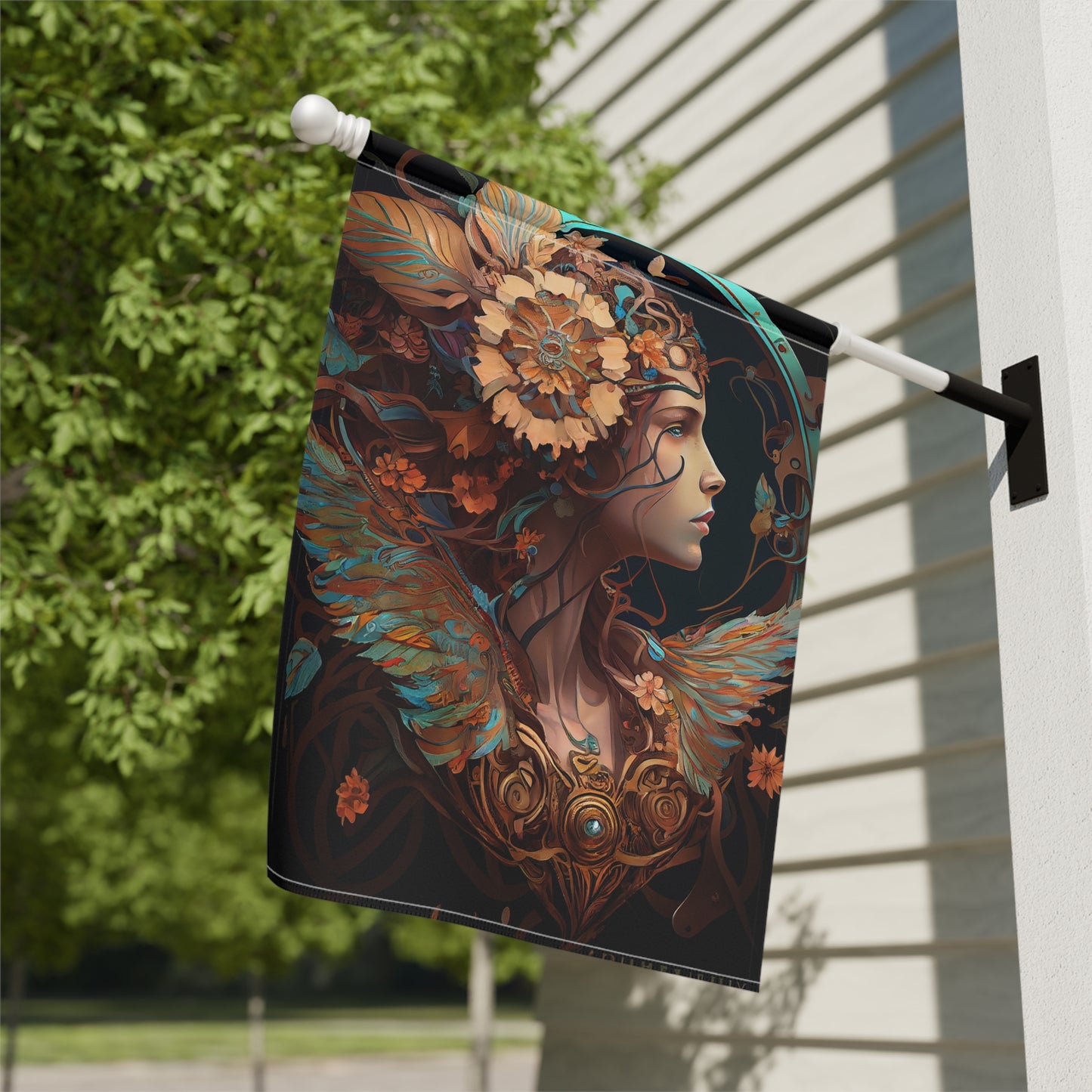 product design, psychedelic, dmt, self-transforming steampunk machine oracle elves, chrysanthemum, art nouveau, alphonse mucha - Garden & House Banner