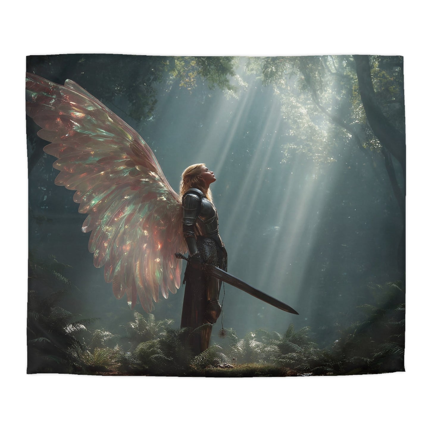 Angelic Sentinel Microfiber Duvet Cover – Sunlit Forest Guardian Dreamscape