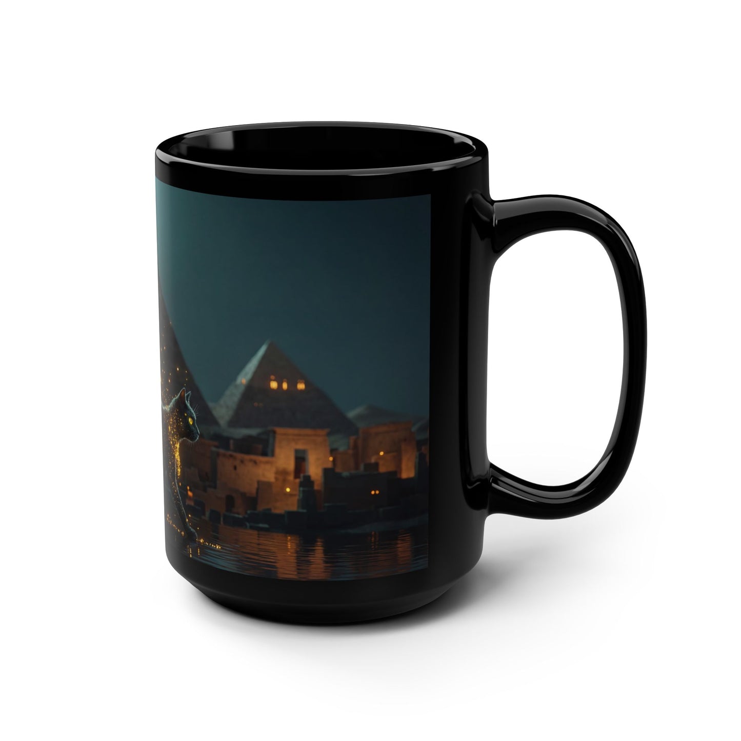 Starry Panther Sentinel Mug – Crescent Moon Over Ancient Pyramids