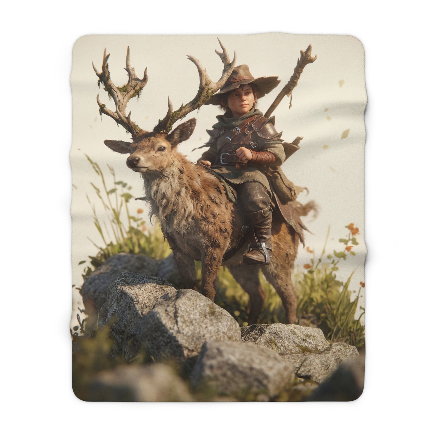 Young Knight on Stag Sherpa Fleece Blanket – Mossy Antlers and Warm Autumn Glow