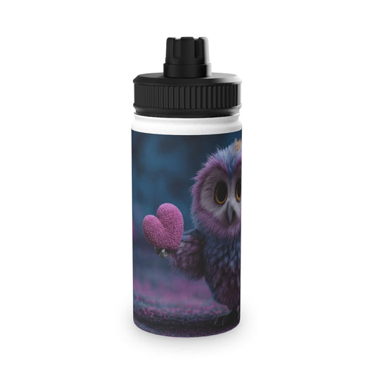 Velvet Owl with Heart Stainless Steel Water Bottle, Sports Lid – Midnight Whimsy Companion