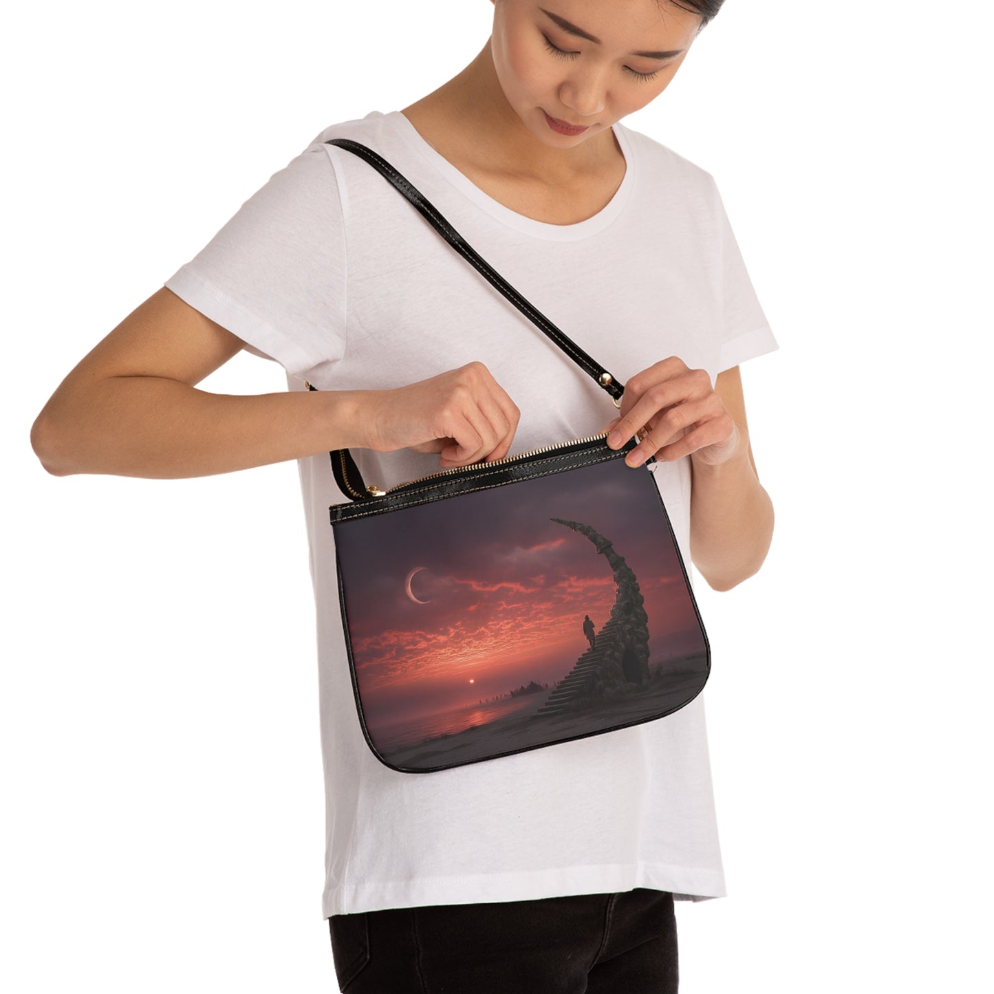 Solstice Staircase Small Shoulder Bag – Crimson Sky Guardian