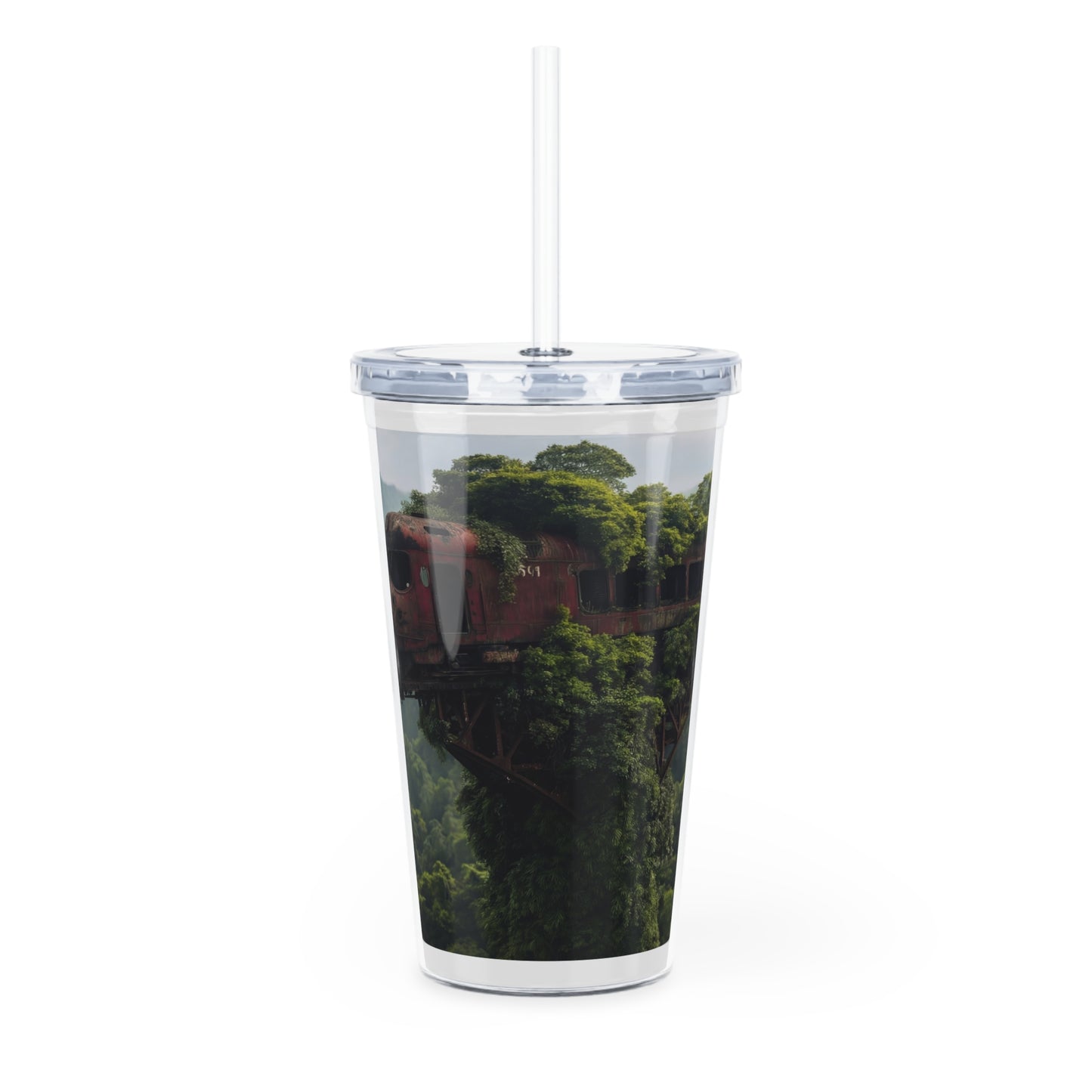 Overgrown Train Bridge Tumbler with Straw – Where Nature Reclaims the Rails