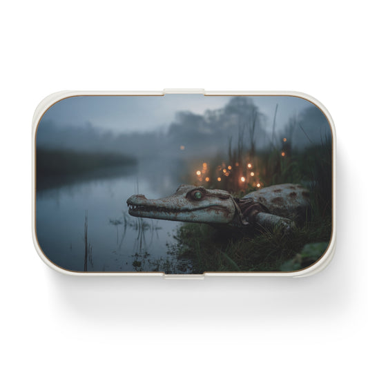 Misty Crocodile Watcher Bento Lunch Box – Twilight Sentinel by the Water’s Edge