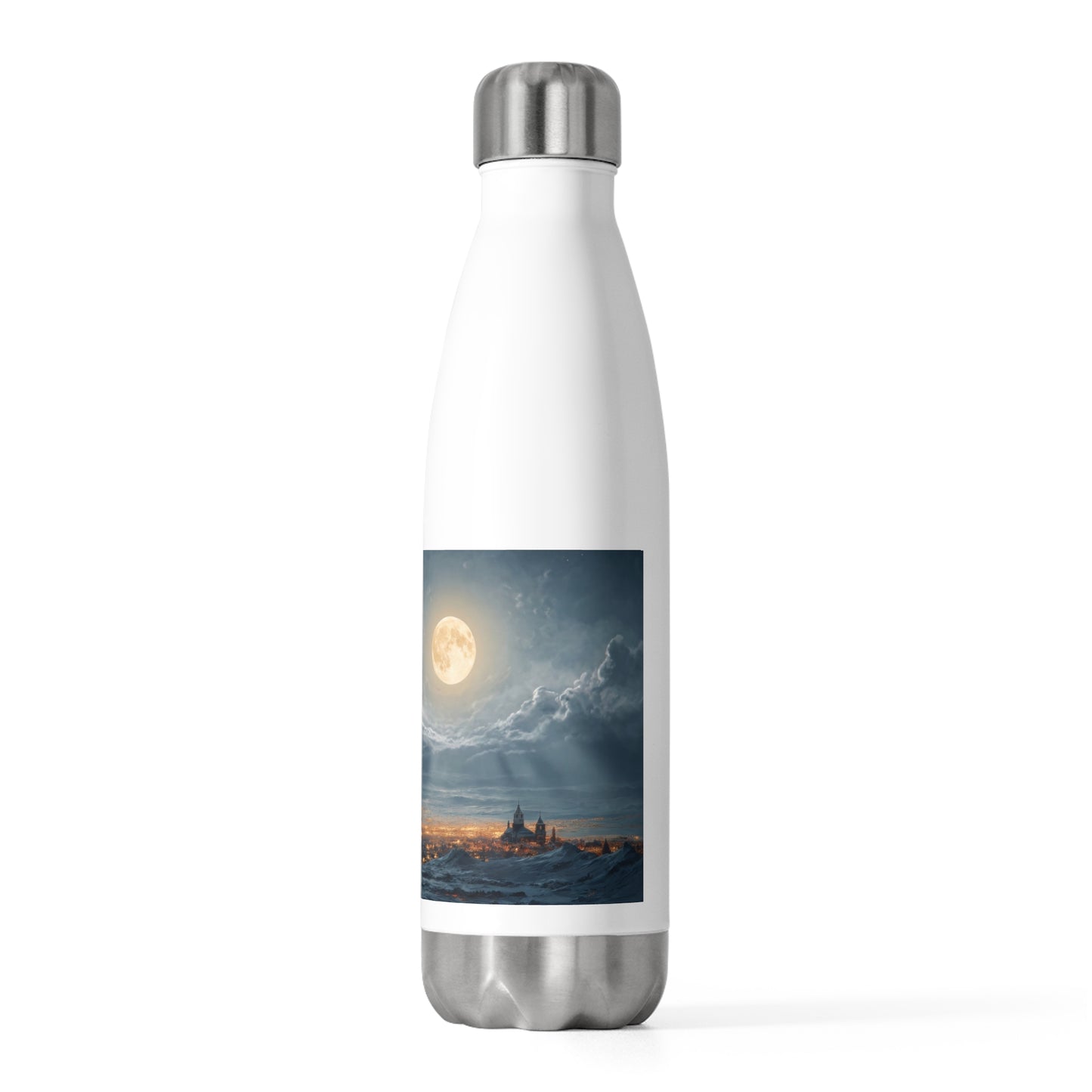 Midnight Sleigh Ride 20oz Insulated Bottle – Frost-Kissed City Beneath a Full Moon