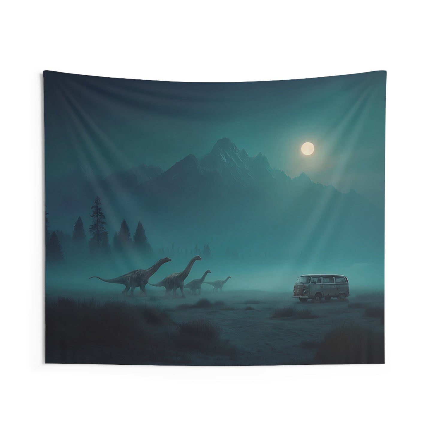 Vintage Van & Dinosaur Herd Wall Tapestry – Moonlit Frontier Dreamscape
