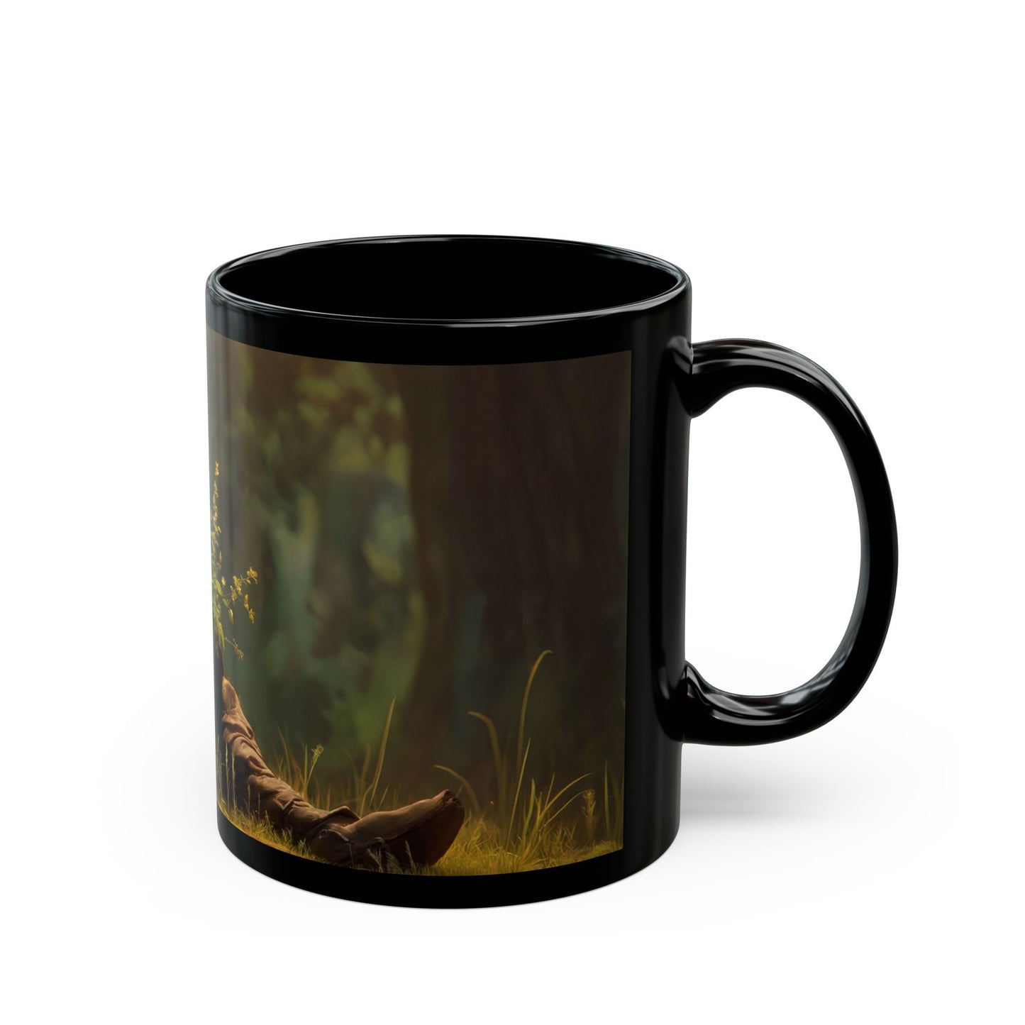 Forest Sentinel Black Mug – Glowing Eye Guardian in Twilight Grove