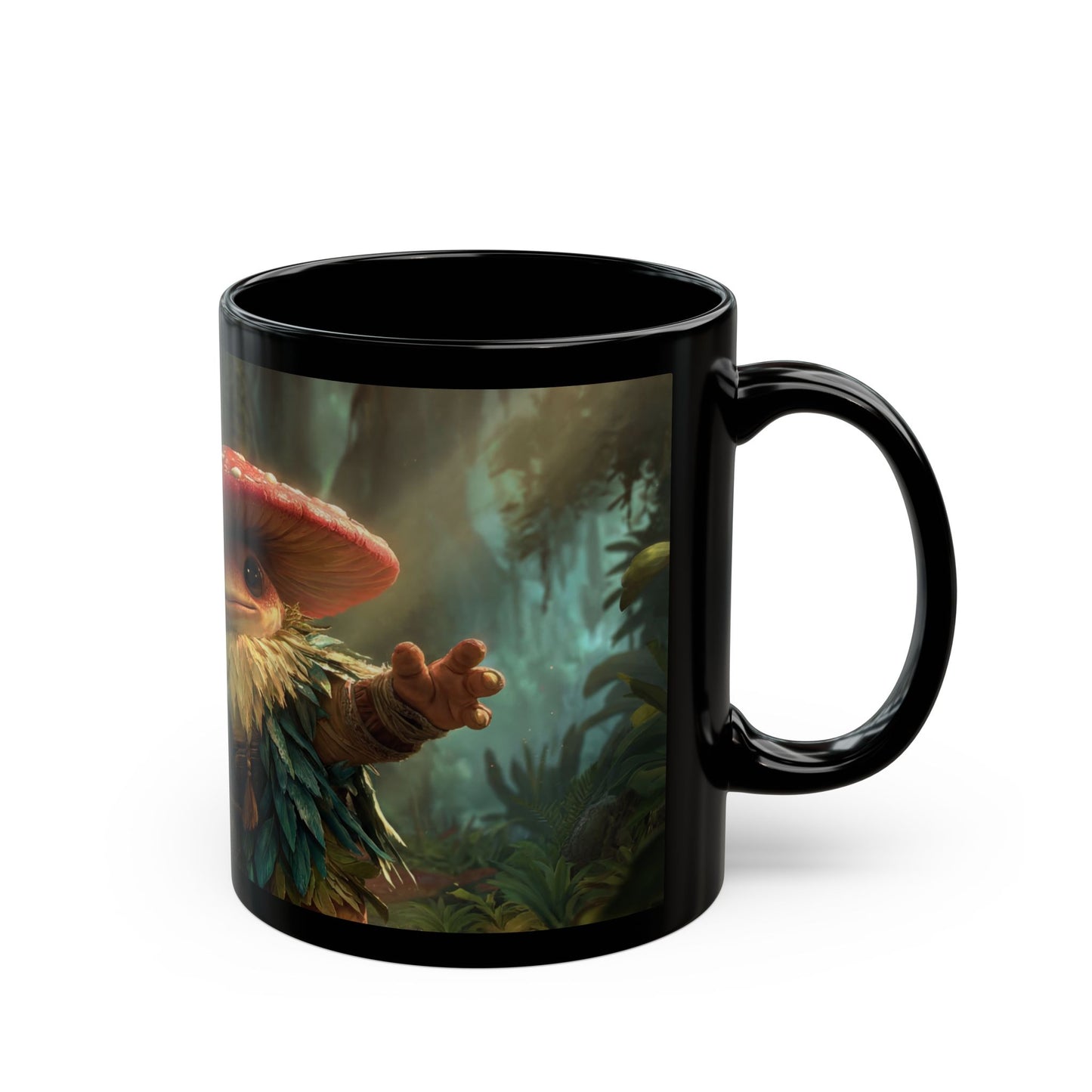 Mushroom Guardian Black Mug – Sunlit Jungle Sentinel
