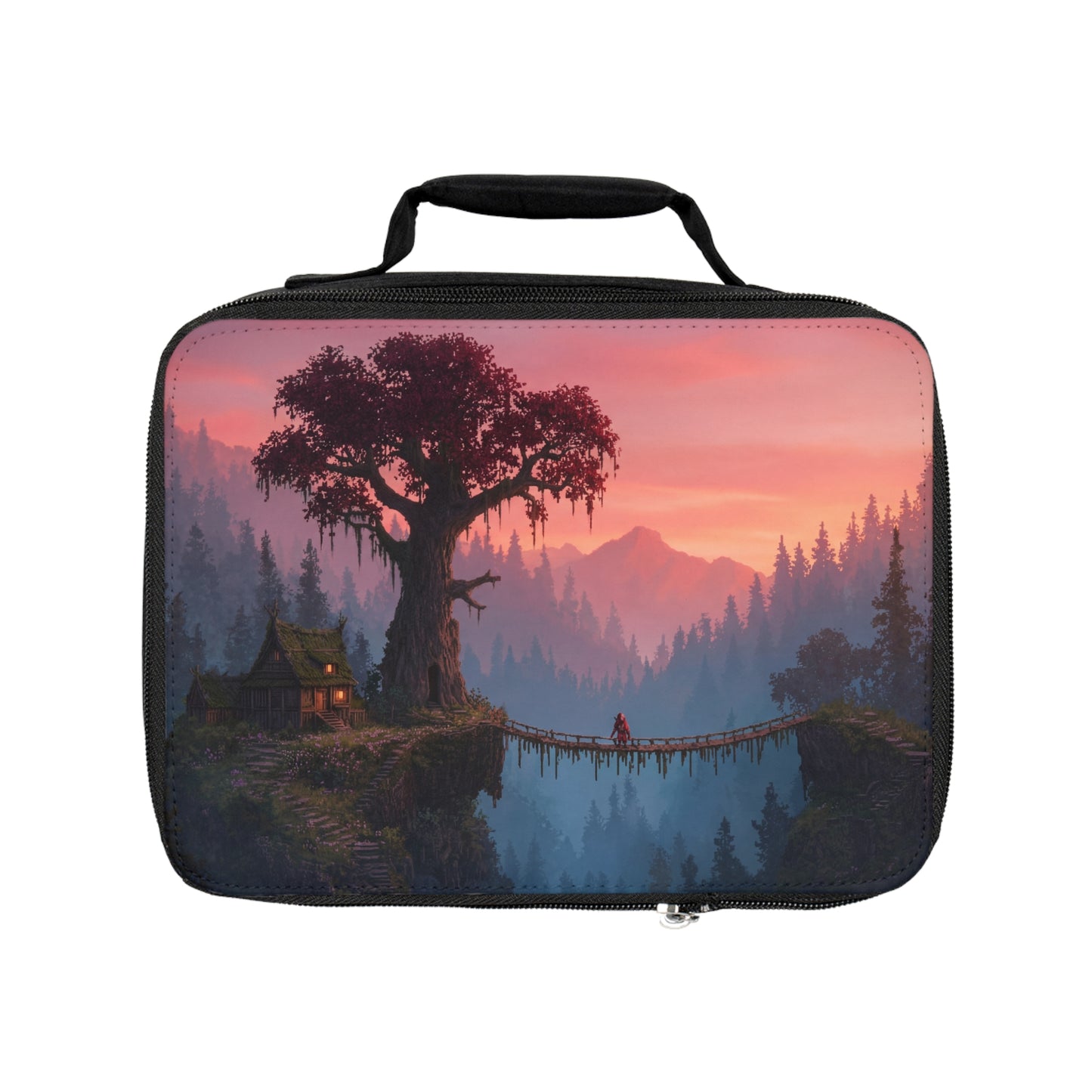 Crimson Sentinel Tree Lunch Bag – Sunset Bridge to the Whispering Woods