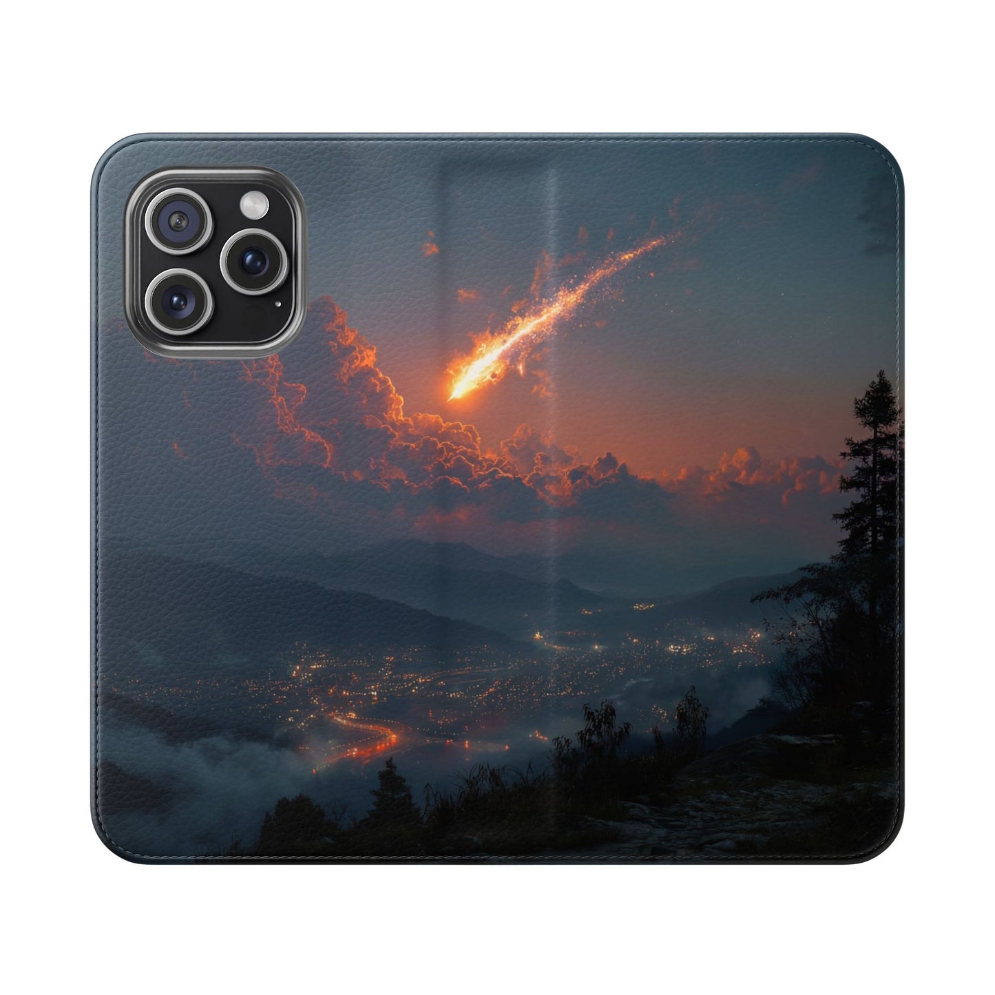 Meteor Over Valley Flip Cases – Crimson Sky Sentinel Cover
