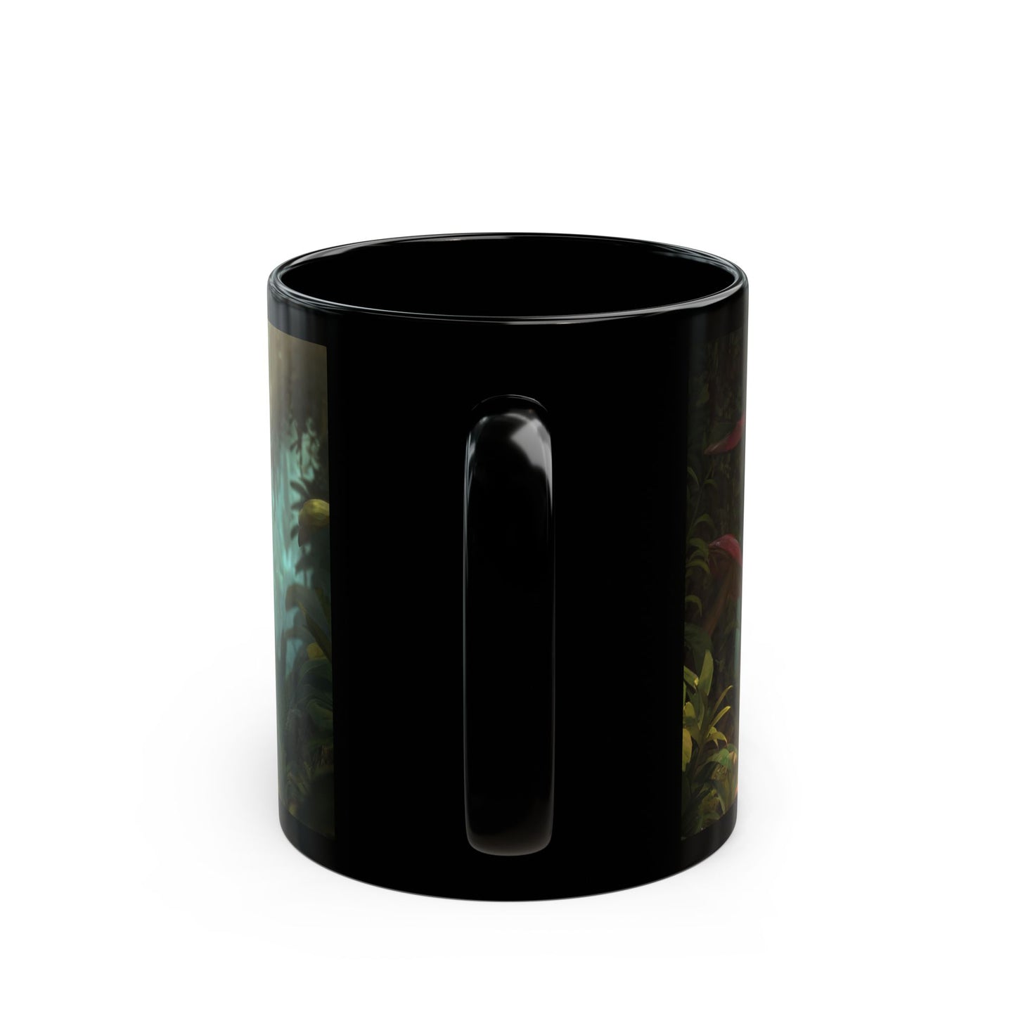 Mushroom Guardian Black Mug – Sunlit Jungle Sentinel