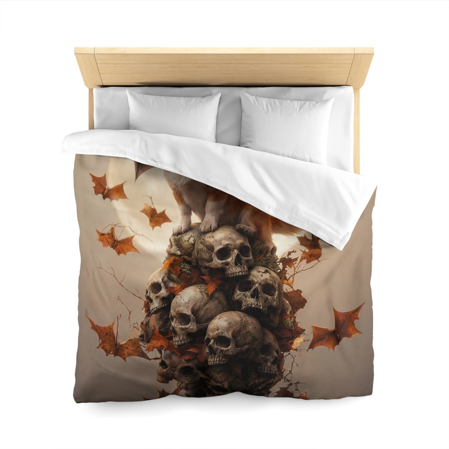 Winged Corgi Over Skulls Duvet Cover – Autumn Moonlight Sentinel