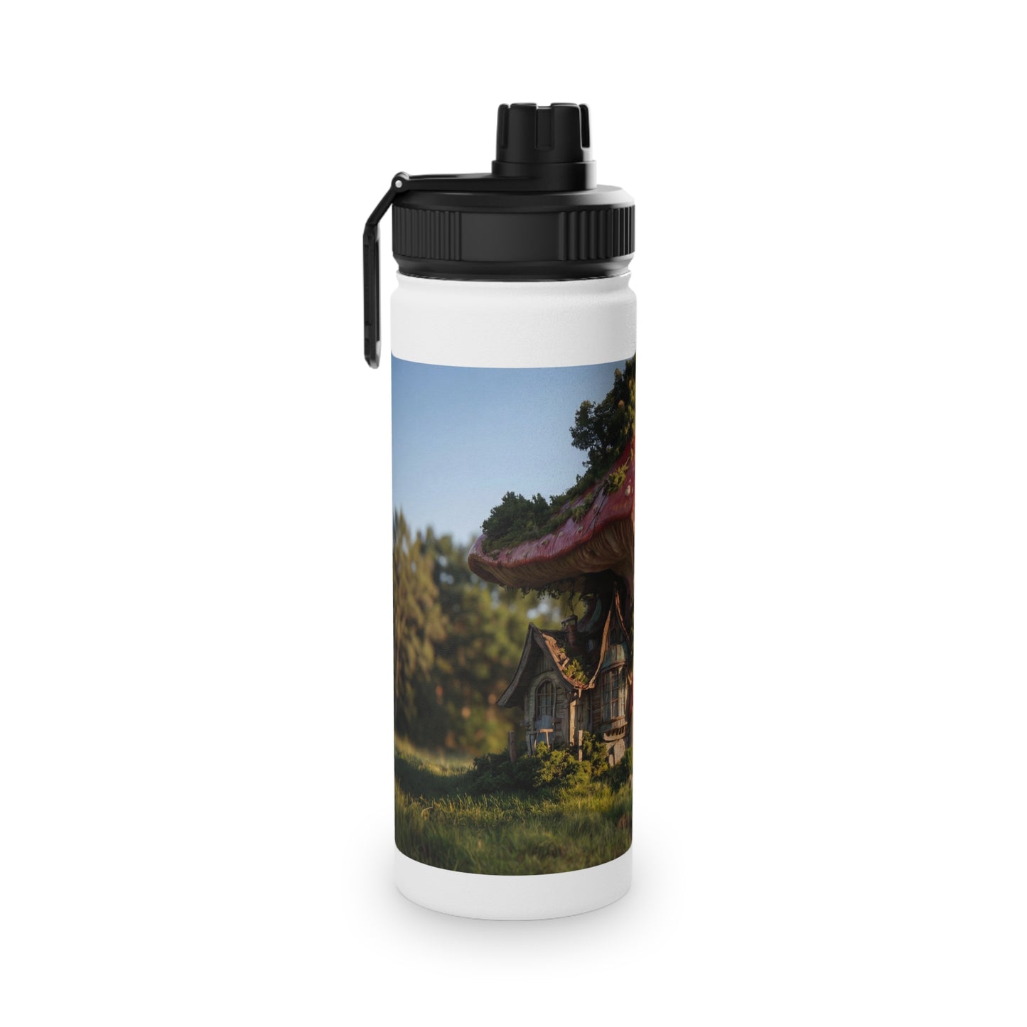 Mushroom Cottage Water Bottle – Red Cap Forest Dwelling with Gnarled Roots