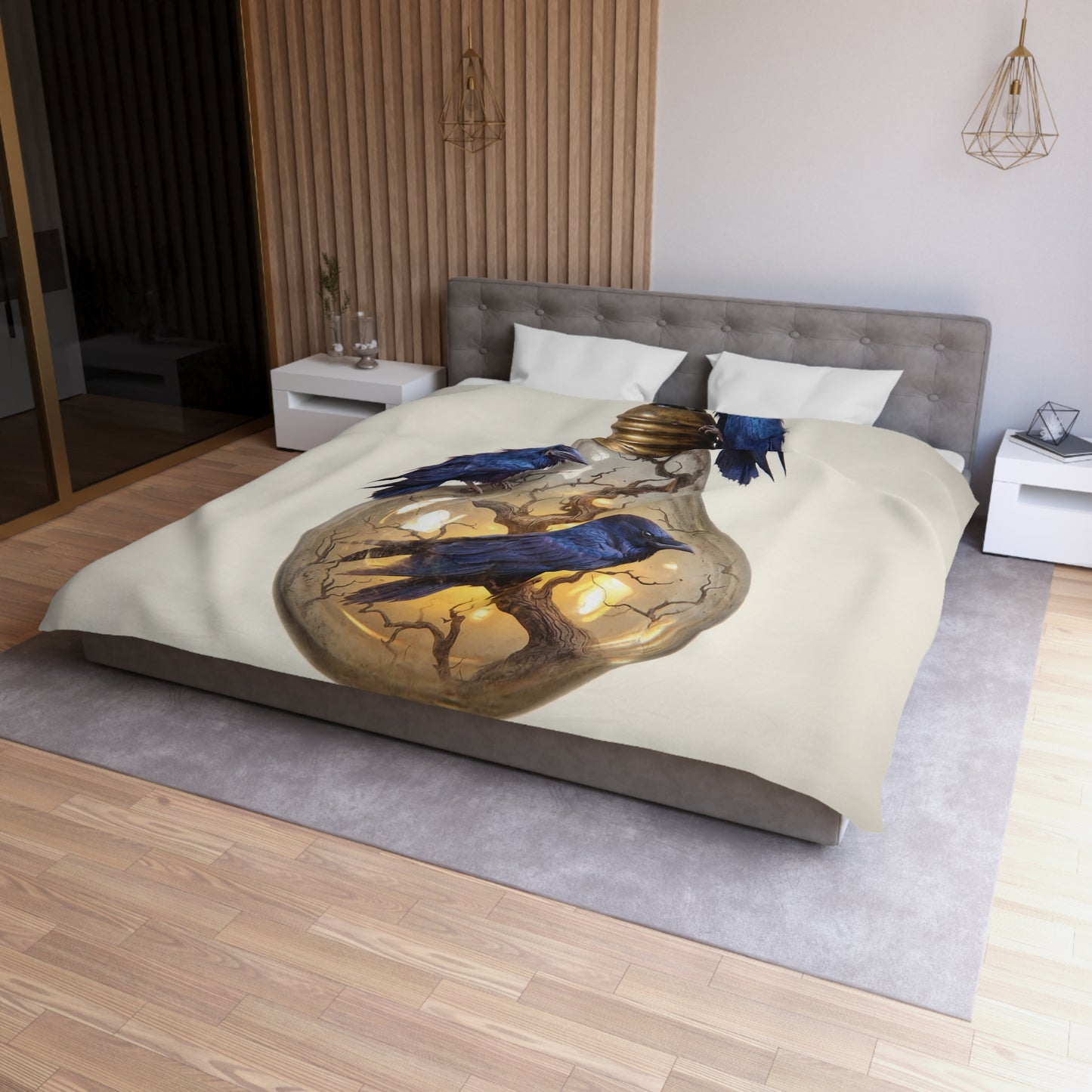 Ravens in the Lightbulb Microfiber Duvet Cover – Whispers of Illuminated Wisdom