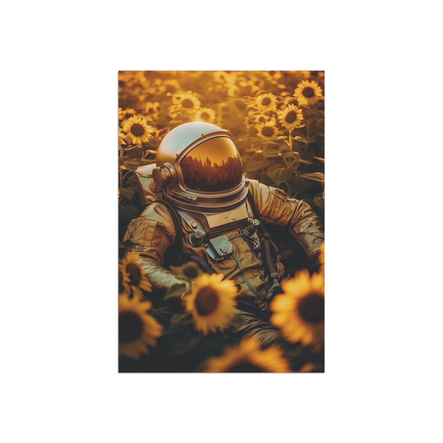 high texture quality photo of biomechanical astronaut lying in a meadow of sunflowers, golden hour, Leica 50mm, f1. 4, night - Garden & House Banner