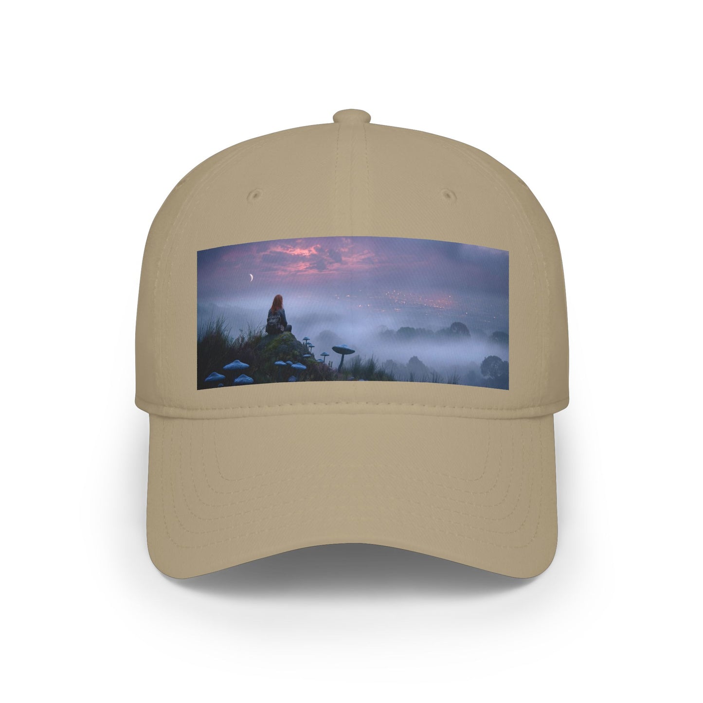 Misty Mountain Moonlight Low Profile Baseball Cap – Red-Haired Wanderer at Twilight