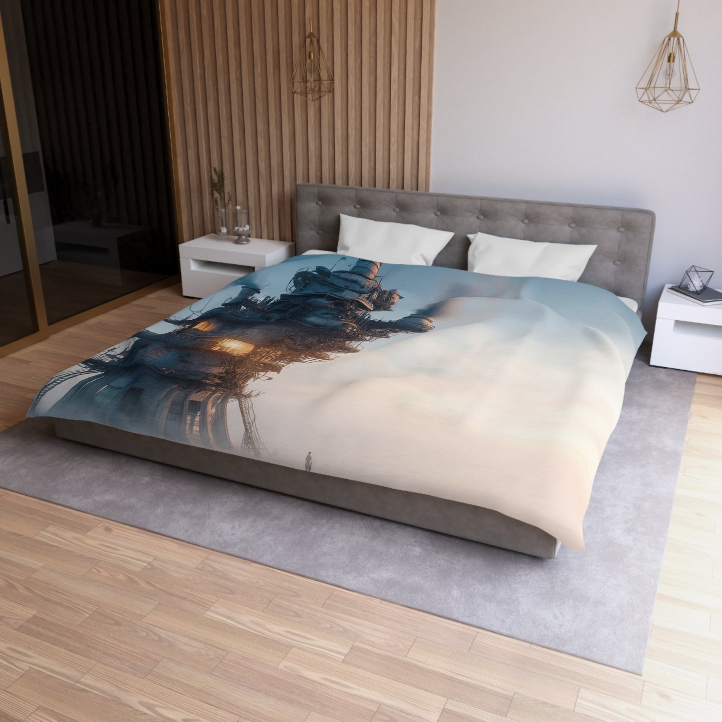 Skyward Steam Tower Microfiber Duvet Cover – A孤独 Sentinel in Dawn’s Hush