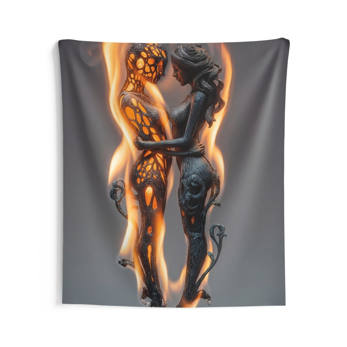 Flame-Embraced Lovers Indoor Wall Tapestries – Intertwined Spirits Amidst Dancing Fire