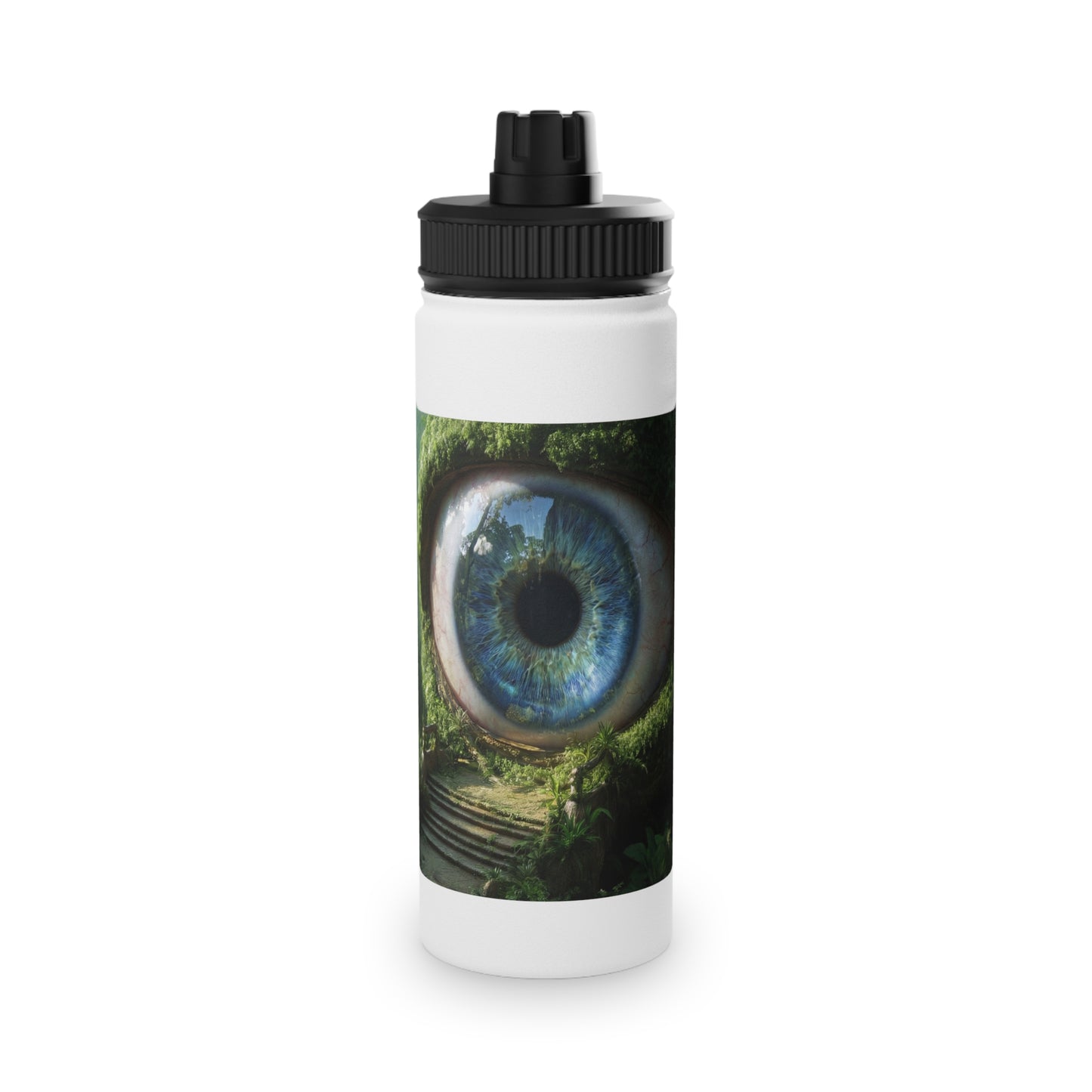 Guardian Eye of the Emerald Grove Stainless Steel Water Bottle, Sports Lid – Watchful Forest Portal