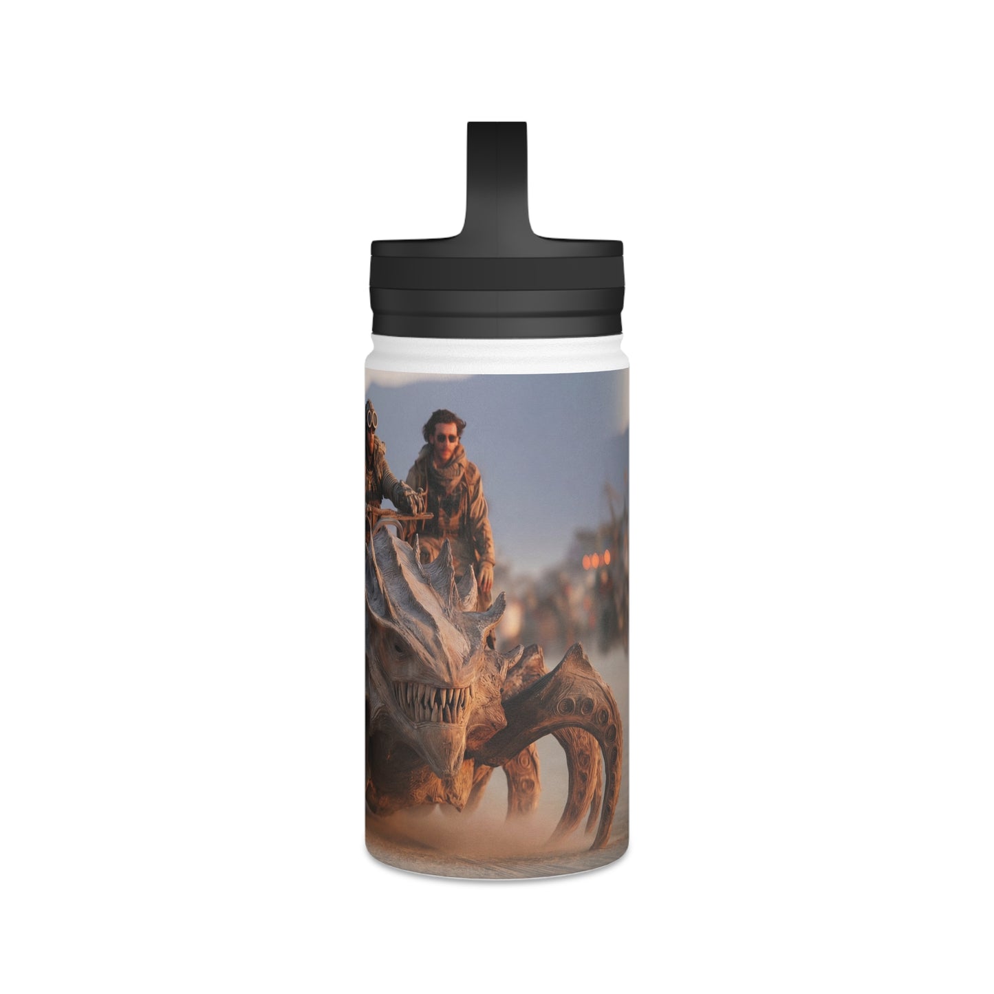 Desert Nomad Chariot Water Bottle – Handle Lid – Dust-Swirled Sunset Ride