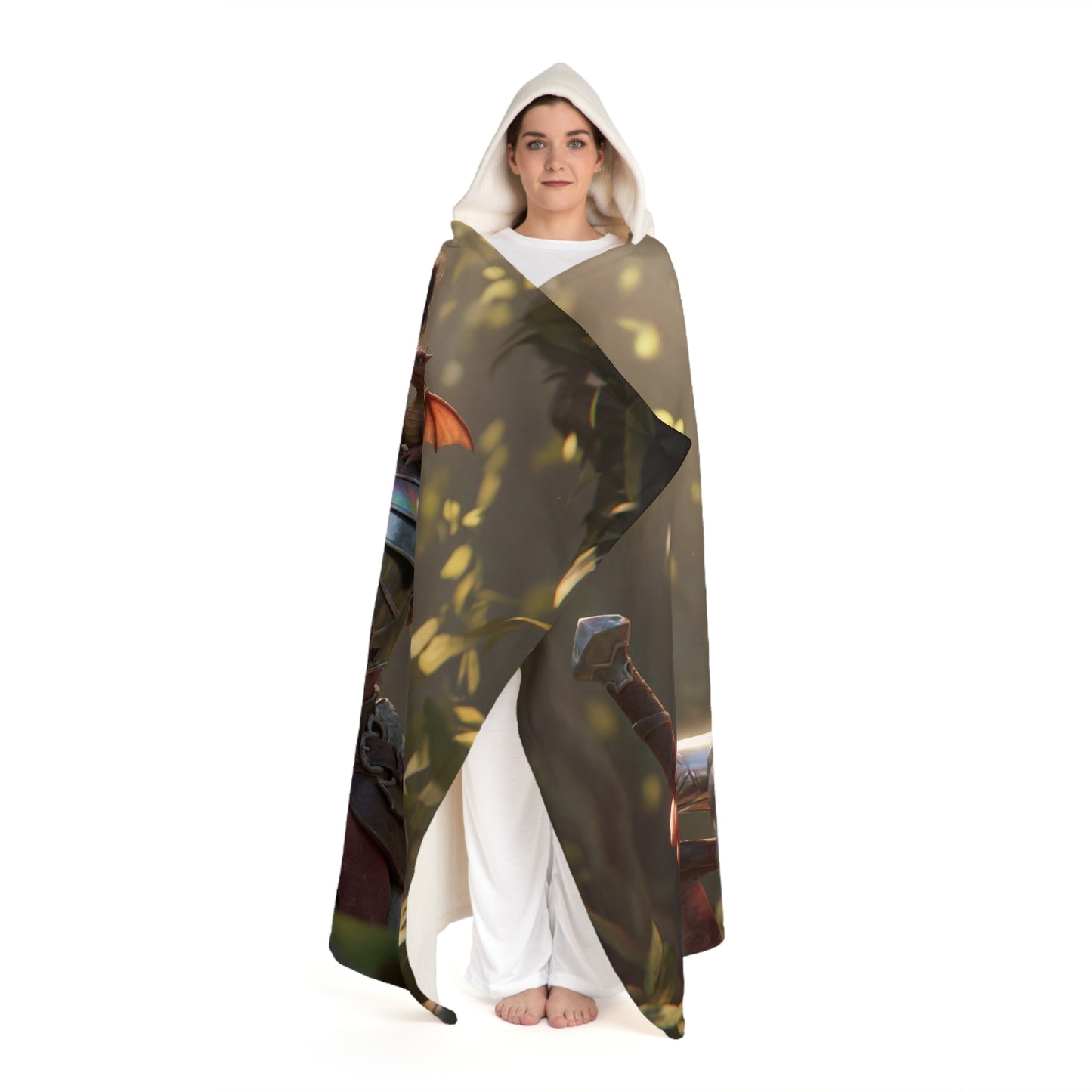 Elven Sentinel Dragon Companion Hooded Sherpa Fleece Blanket – Iridescent Armor and Sunlight Forest Rest