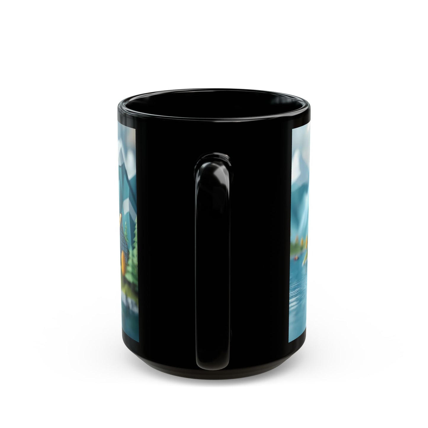 Alpine Harbor Black Mug – Snow-Capped Peaks & Harbor Life