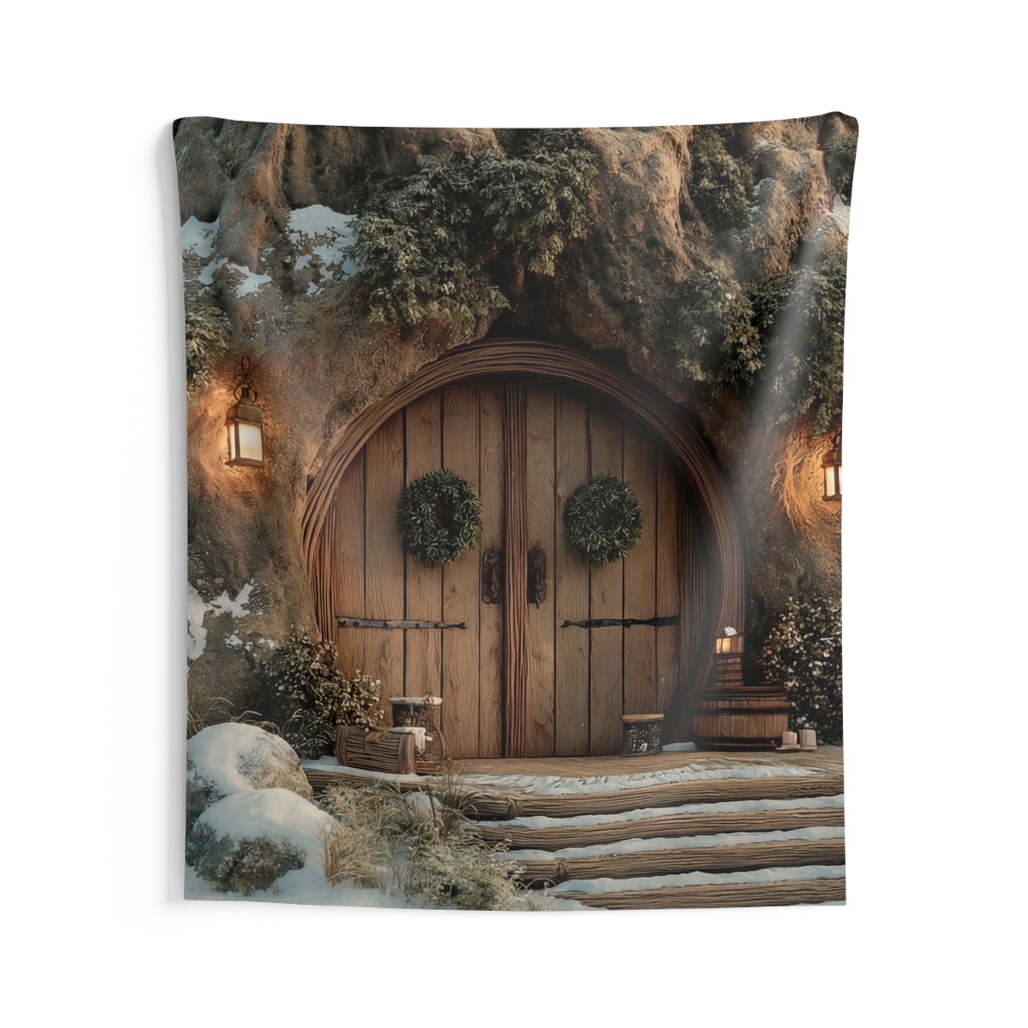 Winter Hollow Treehouse Tapestry – Snow-Dusted Forest Sanctuary