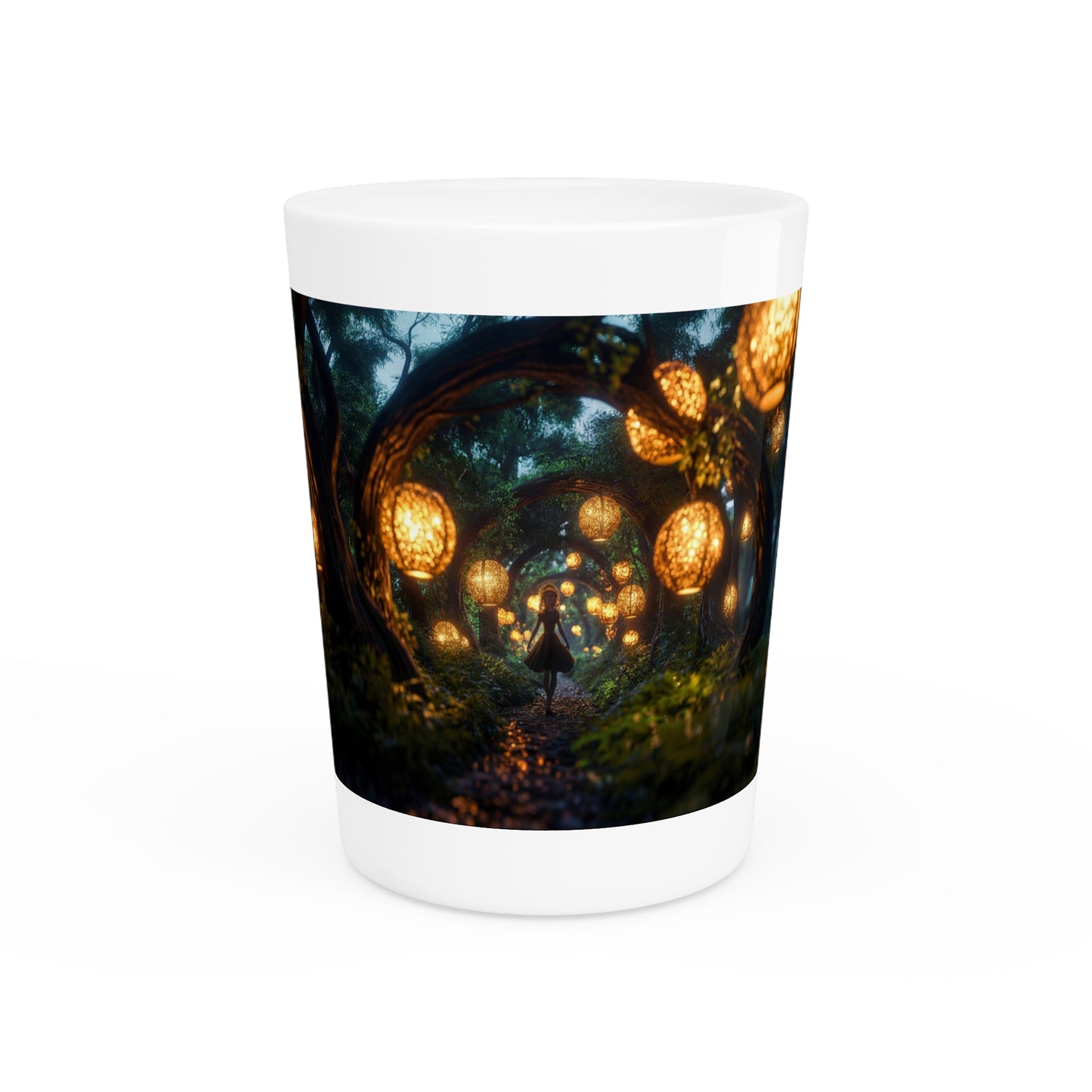 Luminous Forest Path Shot Glass – Warm Lanterns Through Ancient Trees