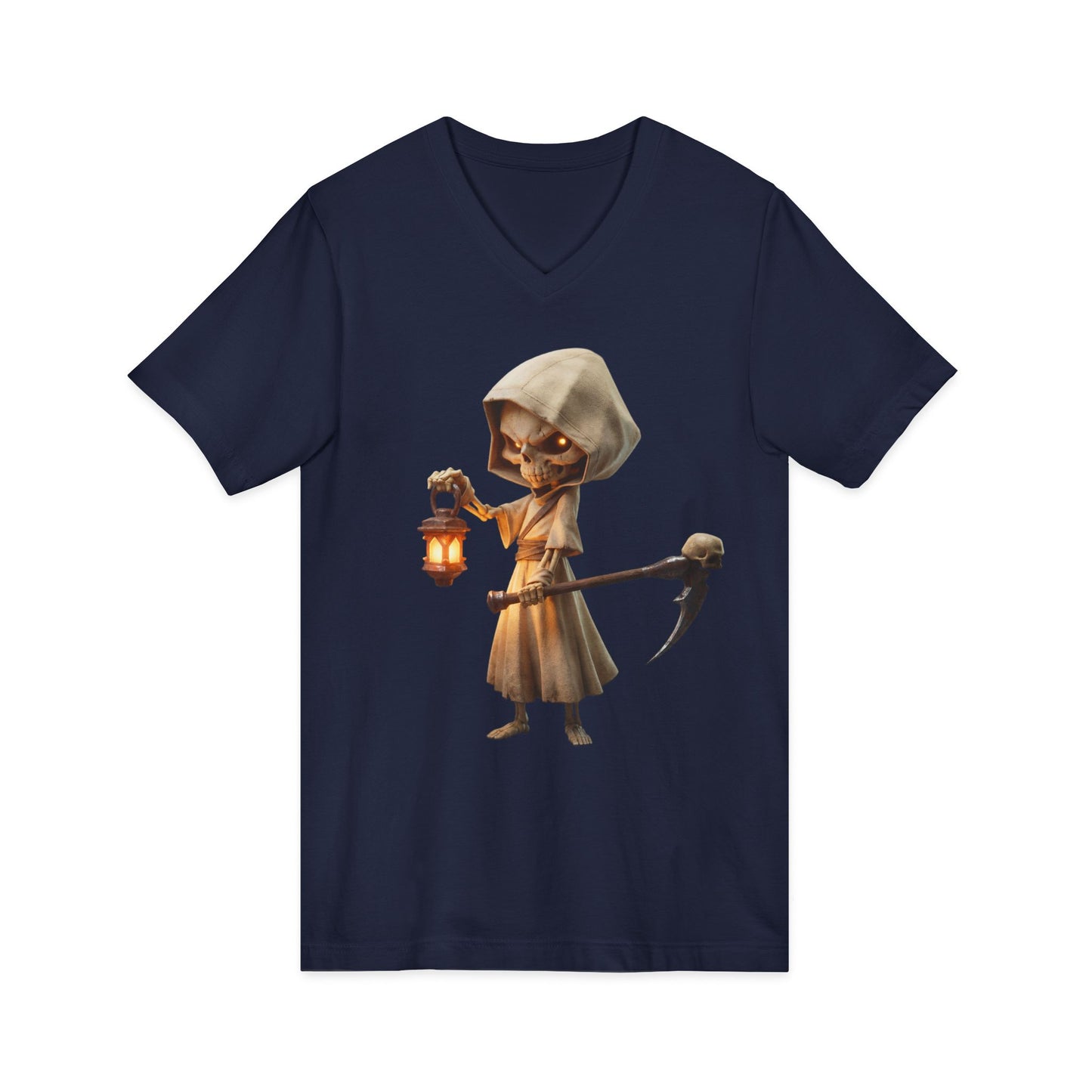 Lantern-Bearing Skeleton Hooded Tee – Rustic Reaper Guardian V-Neck Shirt