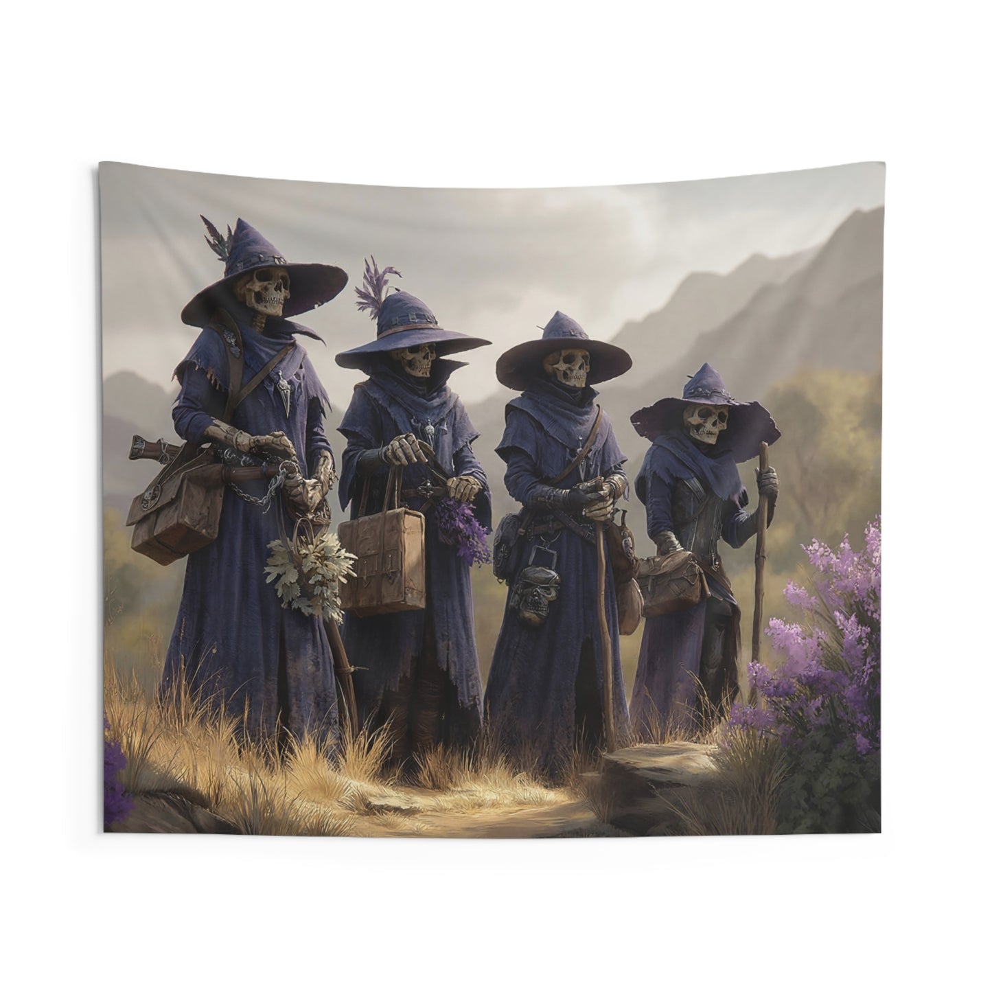 Four Wandering Witches Wall Tapestry – Purple Hooded Skeletal Pilgrims