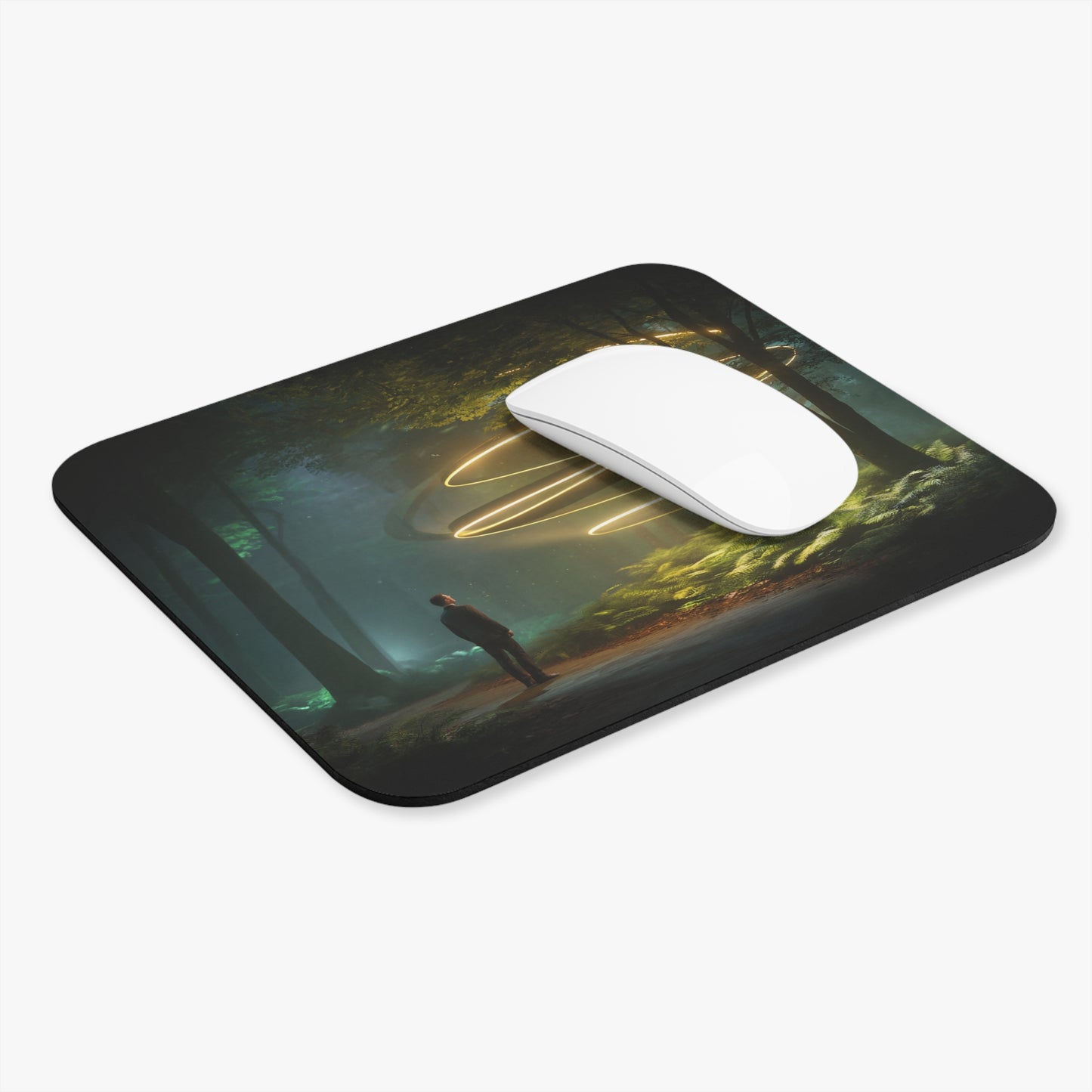 Luminescent Spiral Forest Mouse Pad – Golden Orb Portal Dreamscape