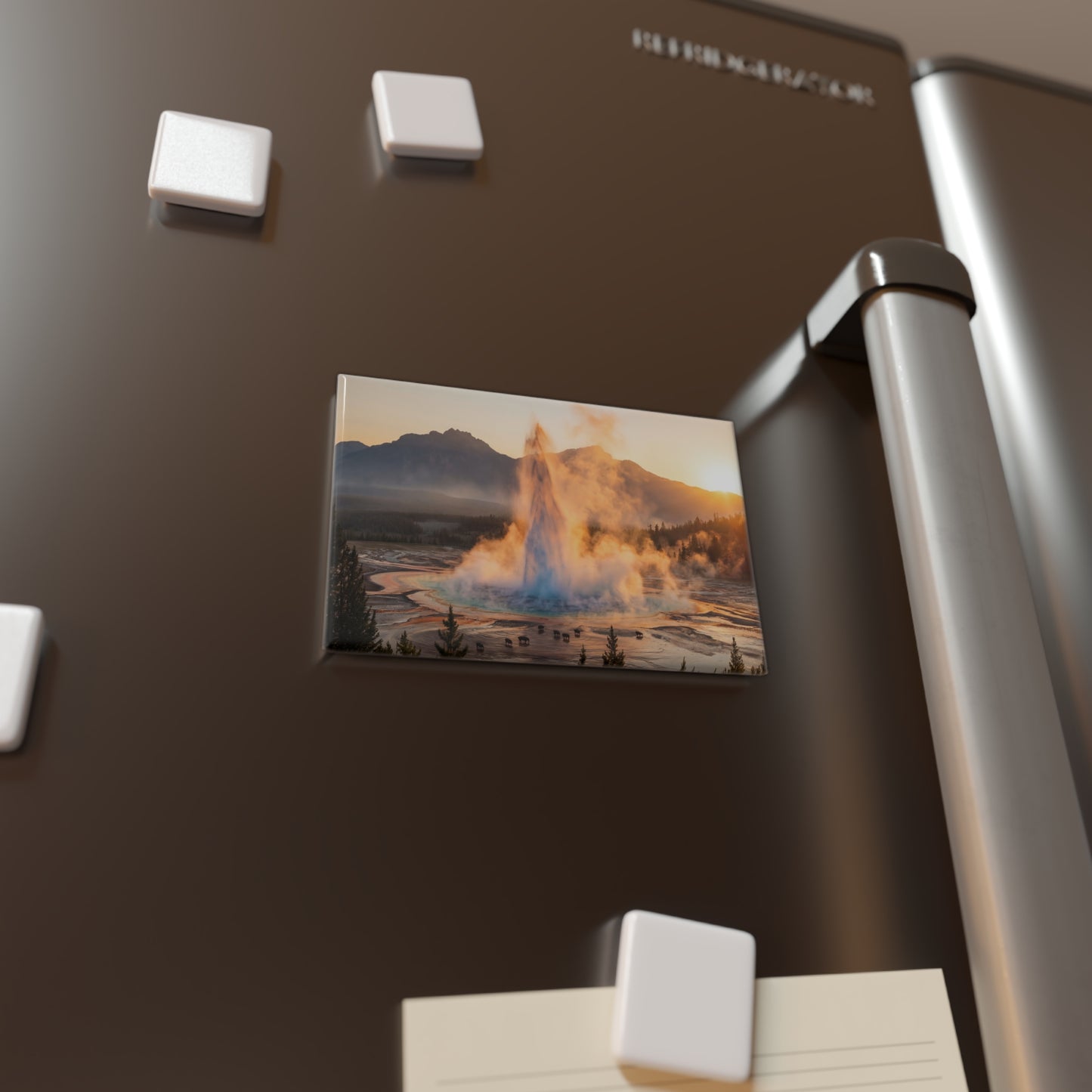 Geyser Dawn Button Magnet, Rectangle (1 & 10 pcs) – Steam & Bison at Sunset