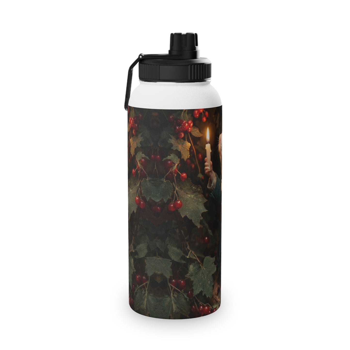 Candlelit Rat Forager Stainless Steel Water Bottle, Sports Lid – Autumn Berry Harvest