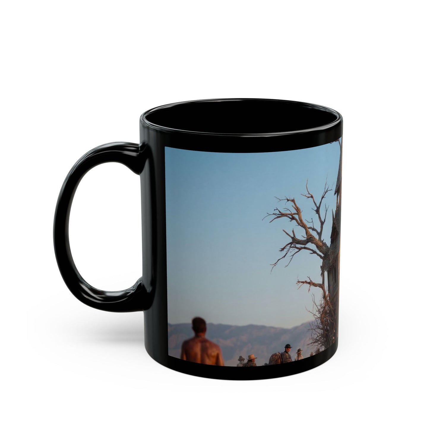 Clocktower in the Dust Black Mug – Wandering Timekeeper in the Desert