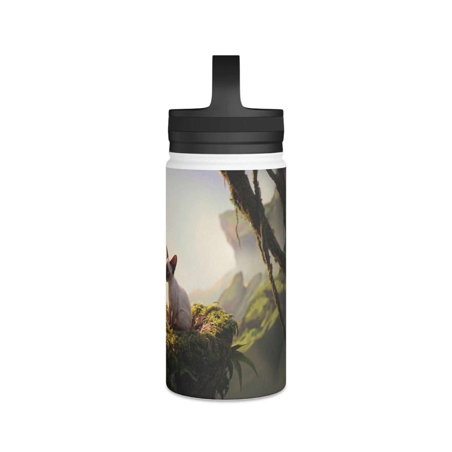 Winged Siamese Kittens Stainless Steel Water Bottle, Handle Lid – Morning Light in the Ancient Grove