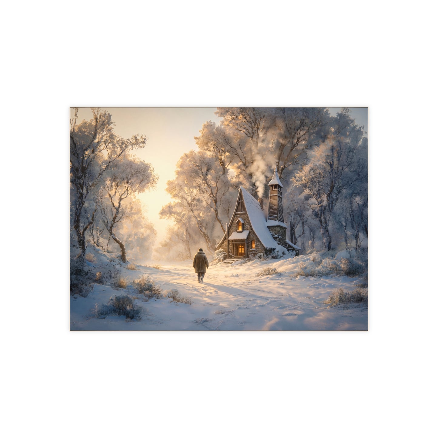 Winter Solstice Cottage Ceramic Photo Tile – Warm Light Through Frosty Woods