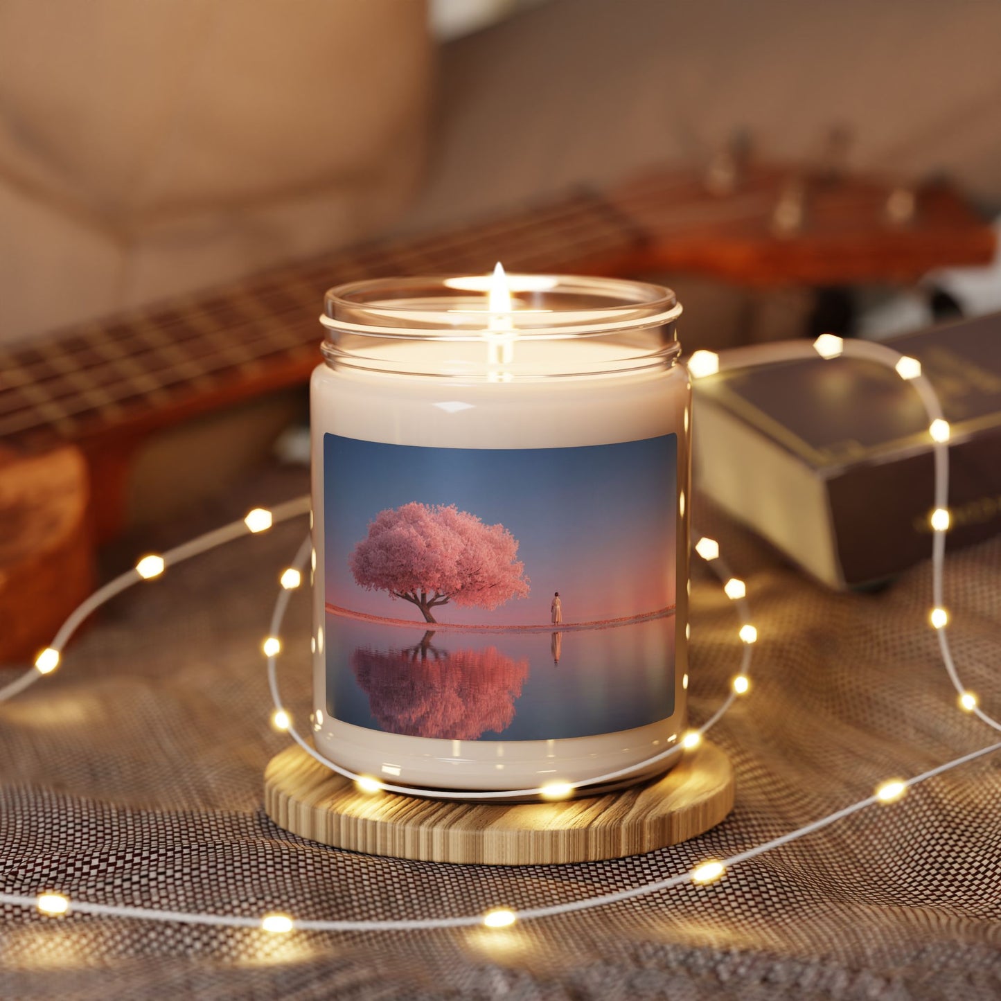 Solitary Pink Blossom Candle – Twilight Reflections in Still Water
