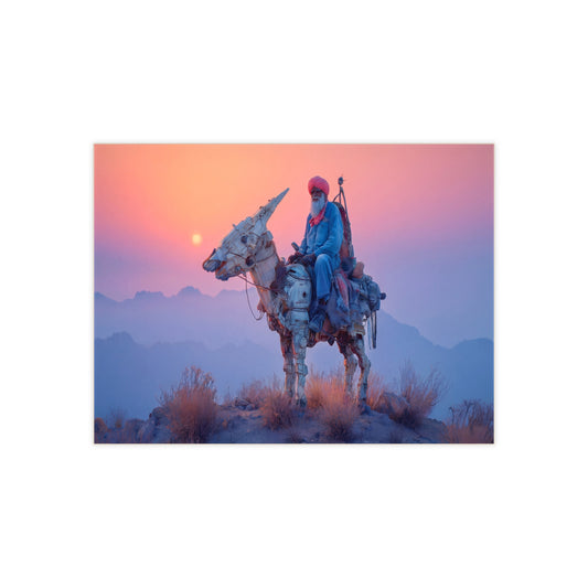 Cyber Donkey Rider Ceramic Photo Tile – Sunset Sentinel of the Dusty Peaks