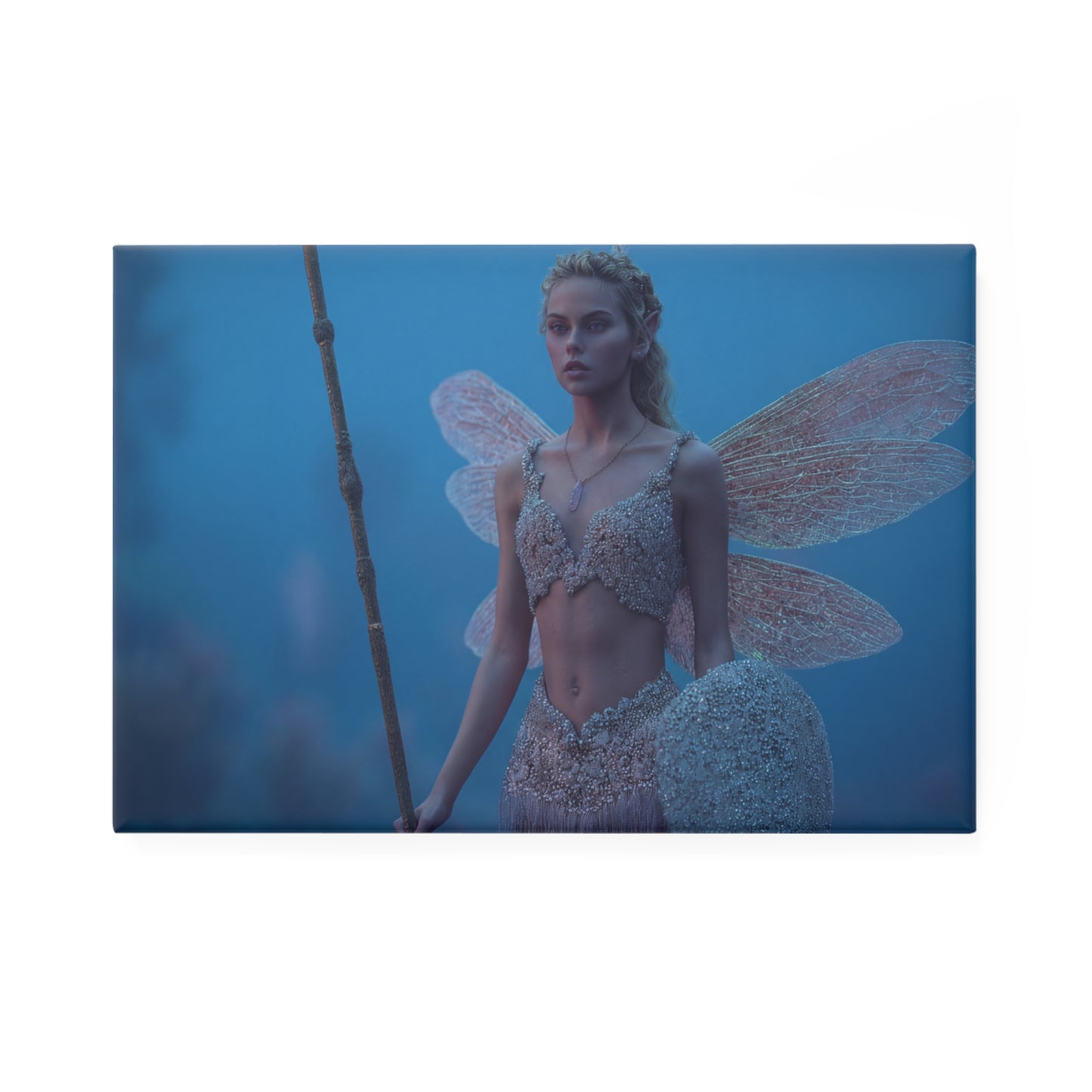 Guardian Fairy with Staff Button Magnet, Rectangle (1 & 10 pcs) – Twilight Sentinel in Sapphire Haze