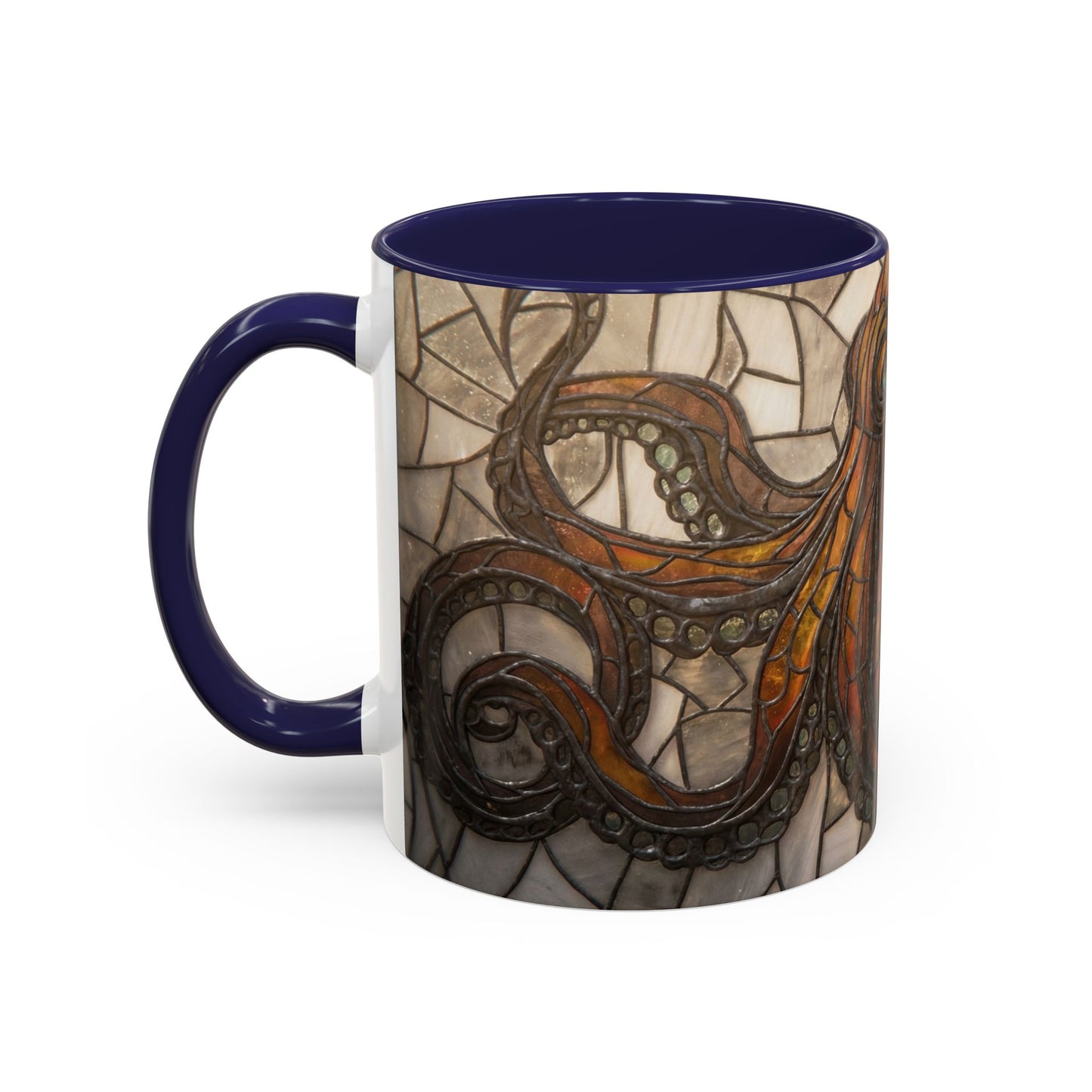 Stained Glass Octopus Accent Coffee Mug – Amber Tentacle Mosaic Art
