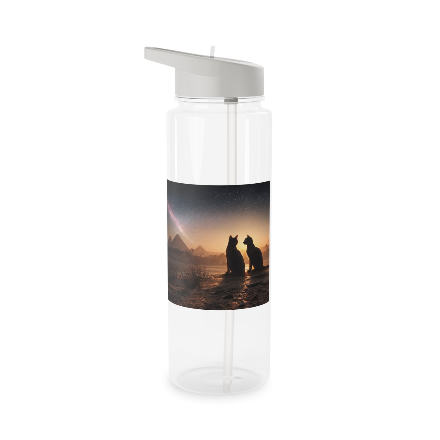 Twin Cats at Pyramids Tritan Water Bottle – Starlit Nile Sunset Silhouette
