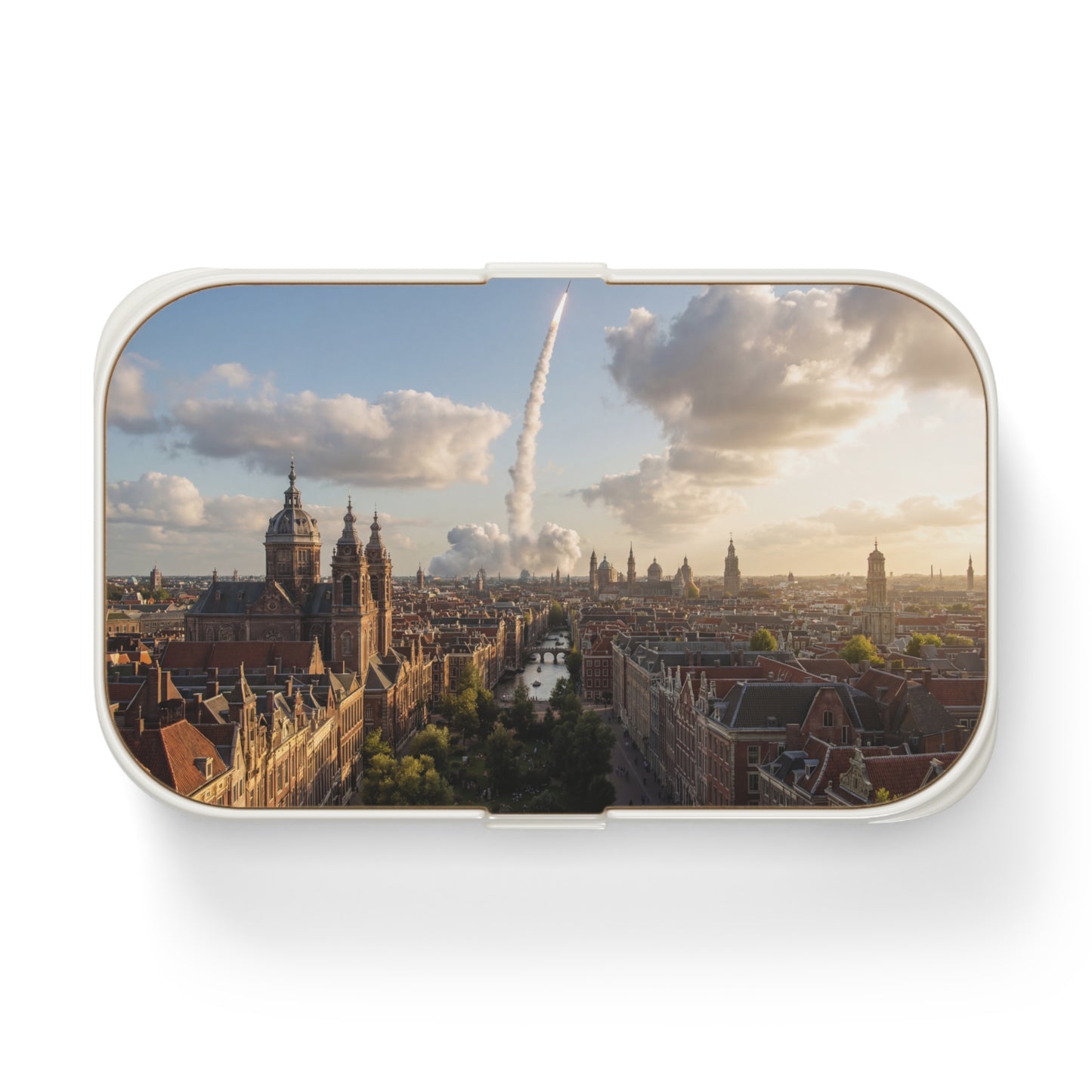 Rocket Soaring Over Amsterdam Bento Lunch Box – Dawn’s First Launch