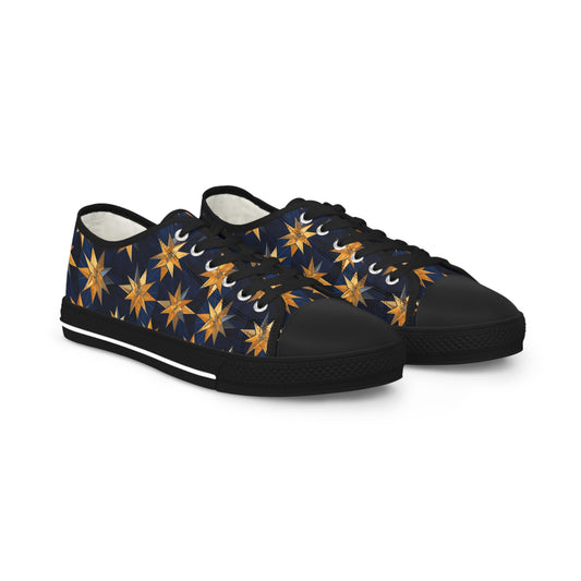 "A kaleidoscopic pattern of geometric star formations radiating from a central point, using a palette of deep sapphire, smoky quartz, and dark citrine hues." - Men's Low Top Sneakers