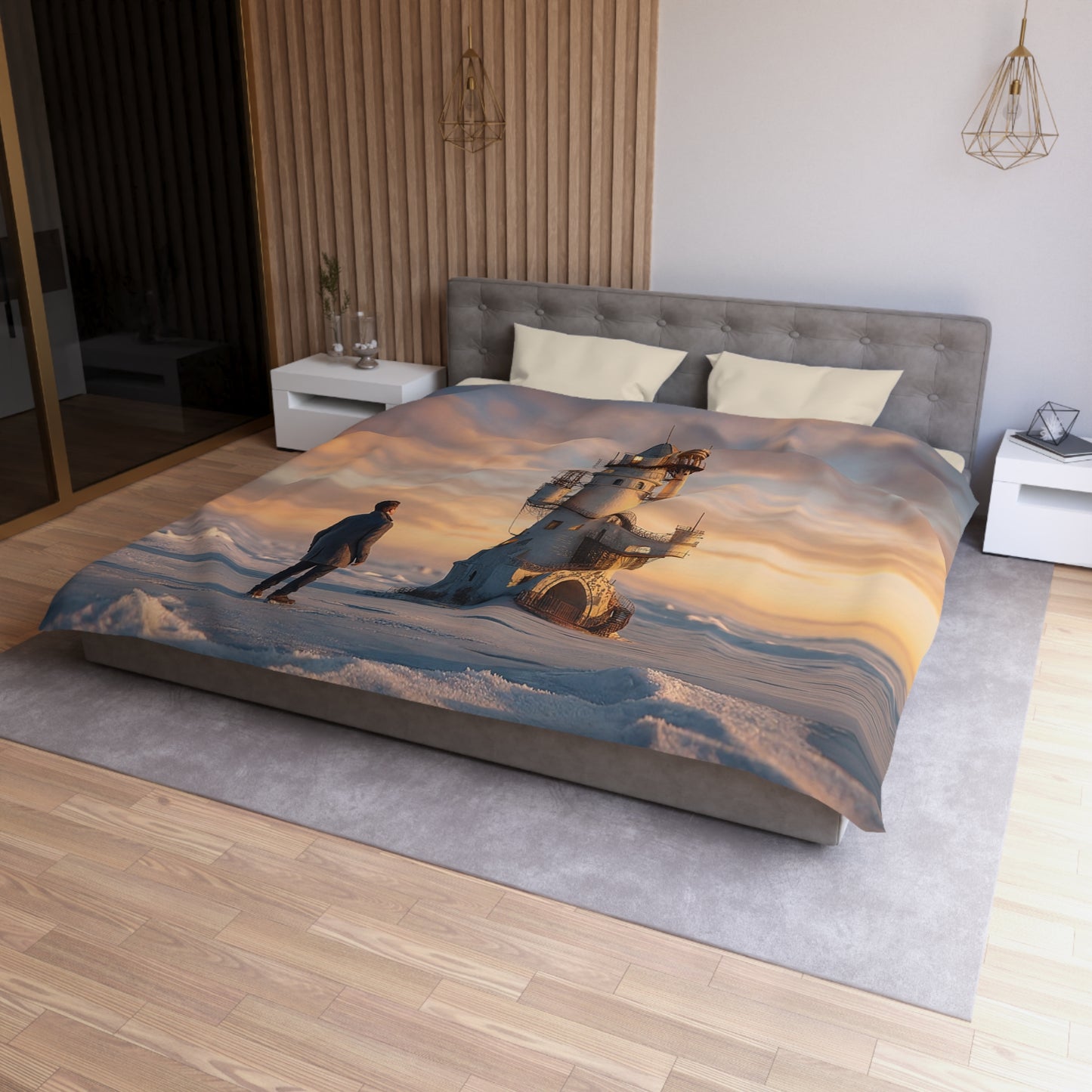 Lighthouse Keeper Microfiber Duvet Cover – Warm Glow on Frozen Horizon
