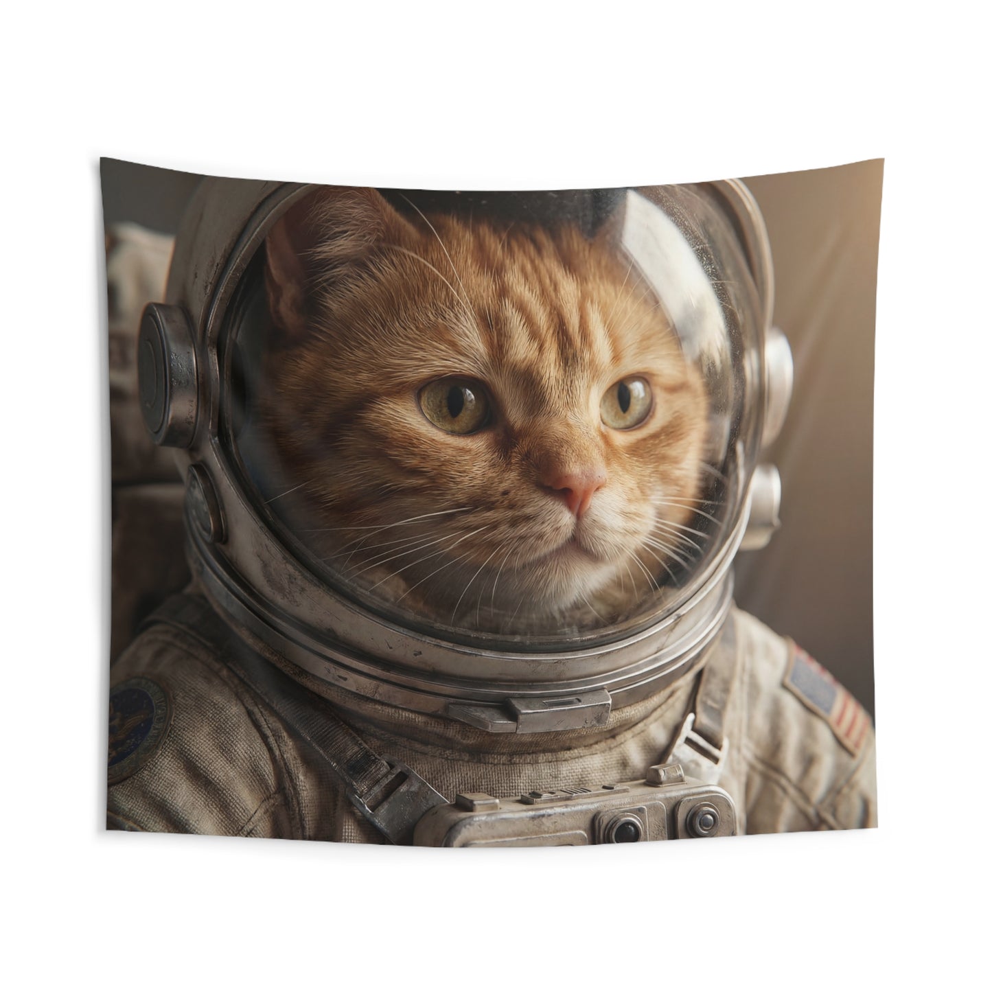 Astronaut Cat Indoor Wall Tapestries – Golden Eyed Explorer of the Cosmos