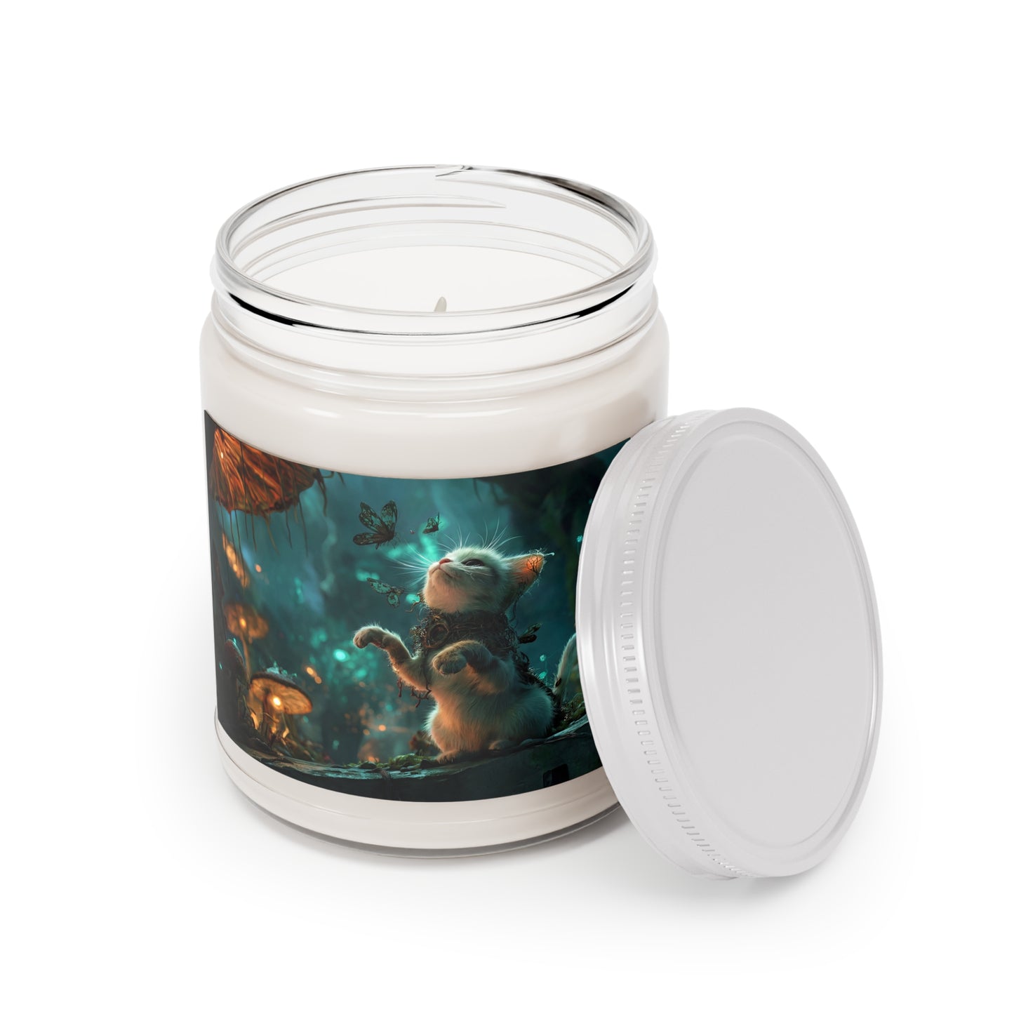 Whispering Forest Kitten Scented Soy Candles with White Lid, 9oz – Guardian of the Bioluminescent Grove