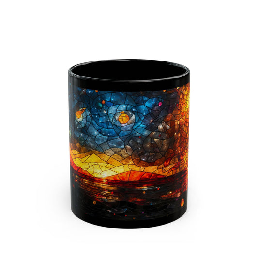 Cosmic Stained Glass Cat Mug – Celestial Guardian at Sunset